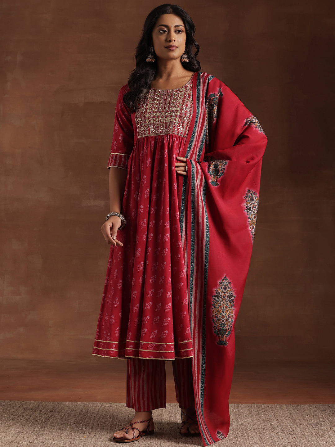 Pink Printed Silk Blend Anarkali Suit With Dupatta