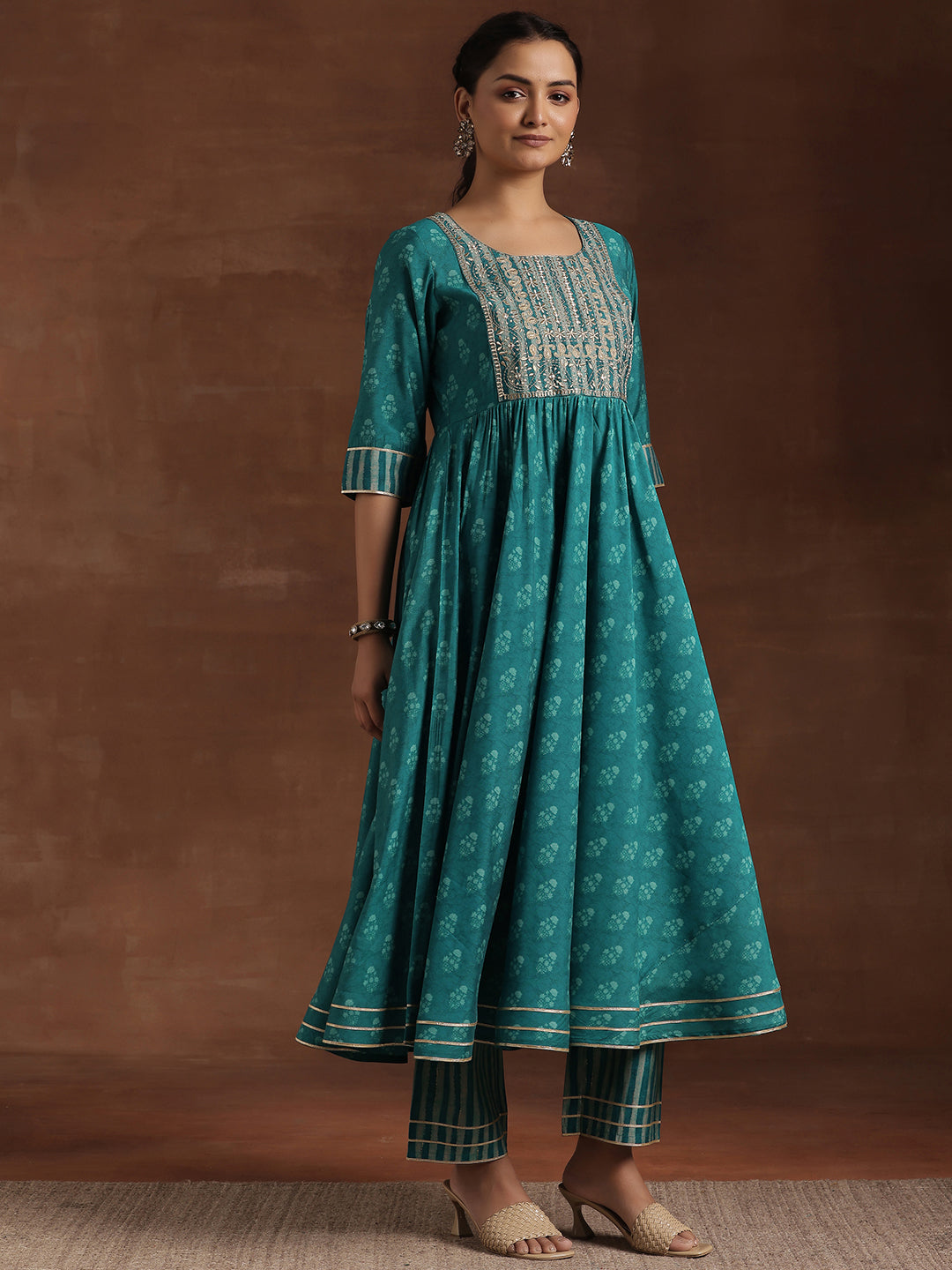 Blue Printed Silk Blend Anarkali Suit With Dupatta