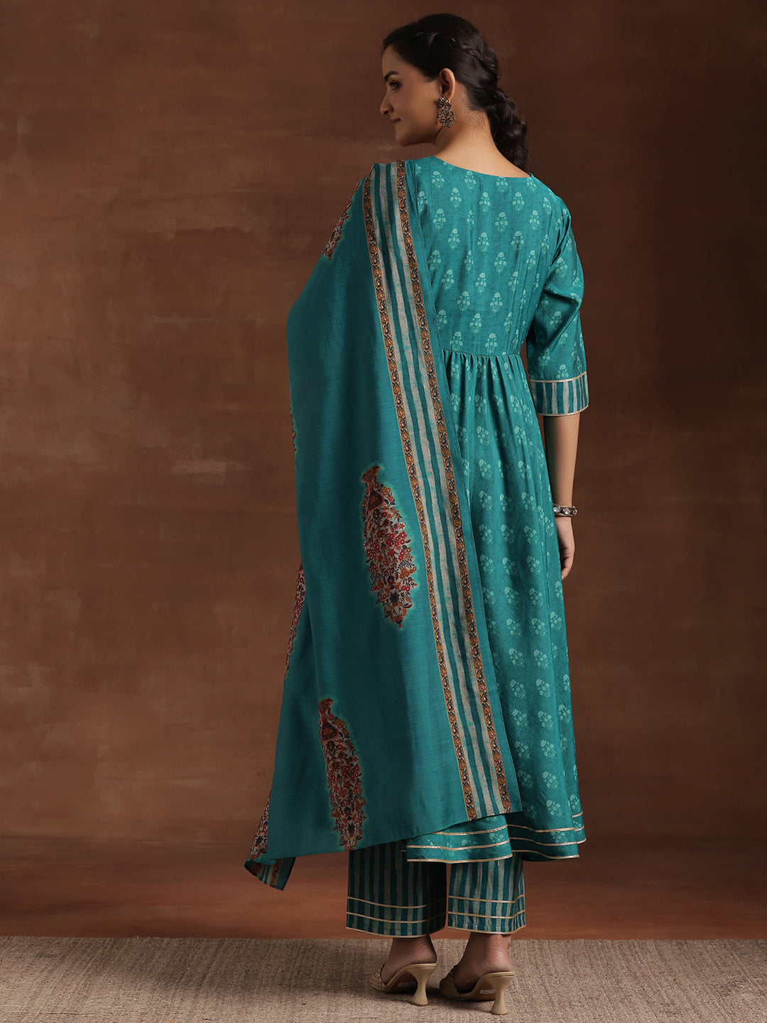 Blue Printed Silk Blend Anarkali Suit With Dupatta