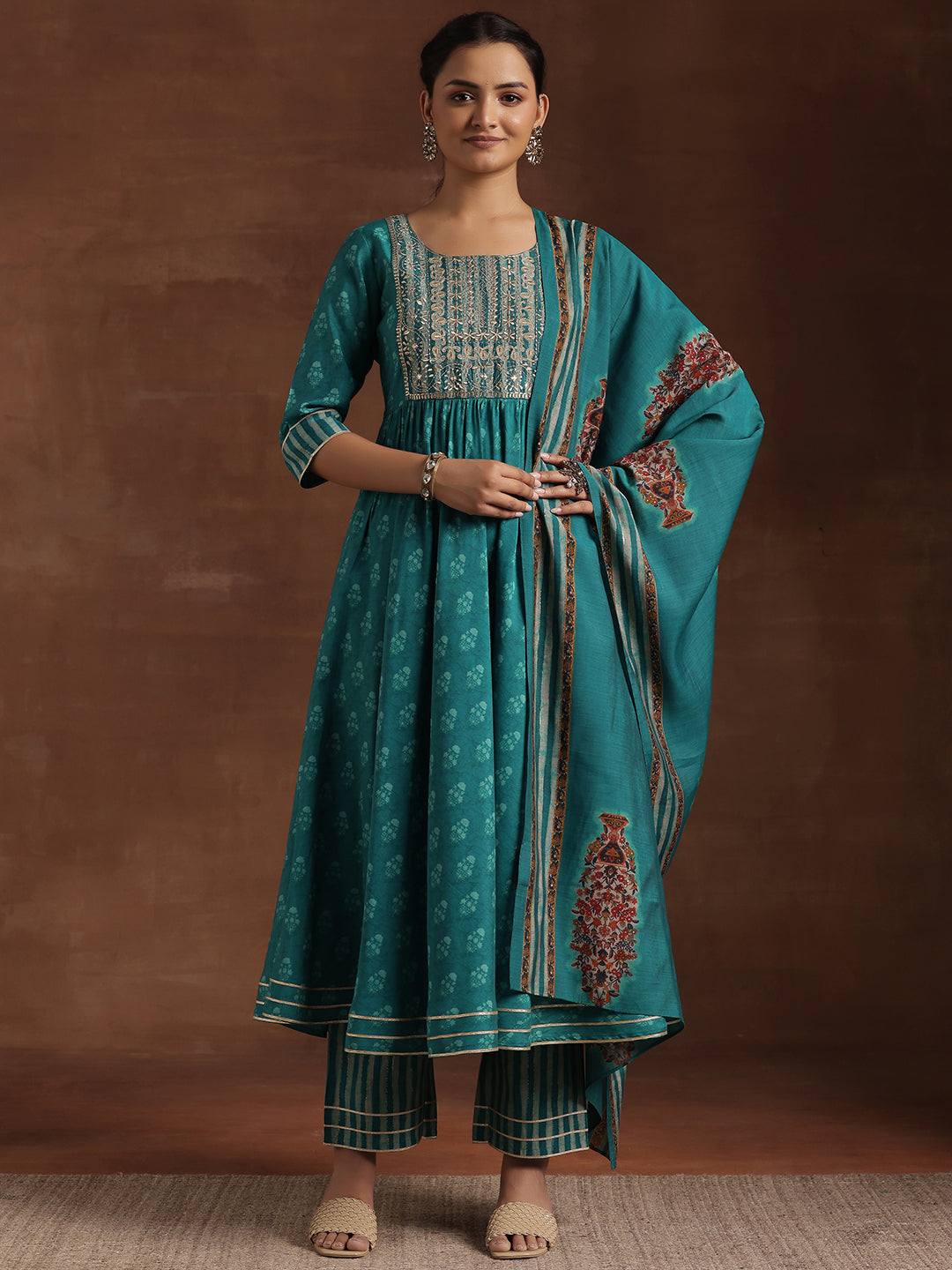 Blue Printed Silk Blend Anarkali Suit With Dupatta