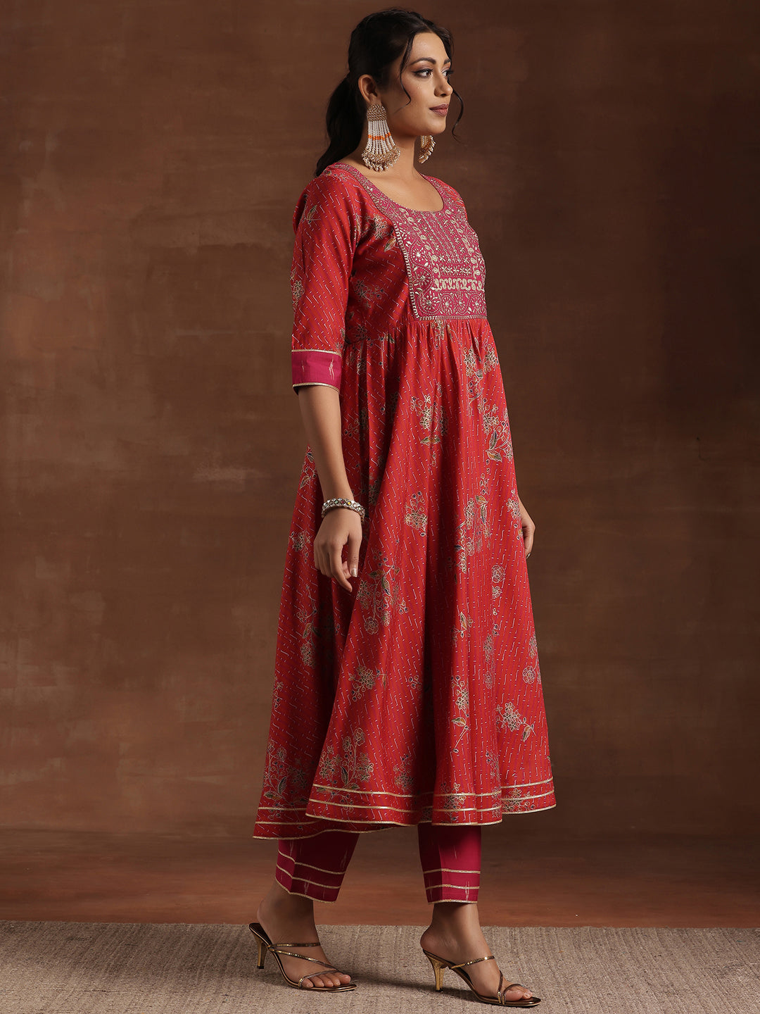 Red Printed Silk Blend Anarkali Suit With Dupatta