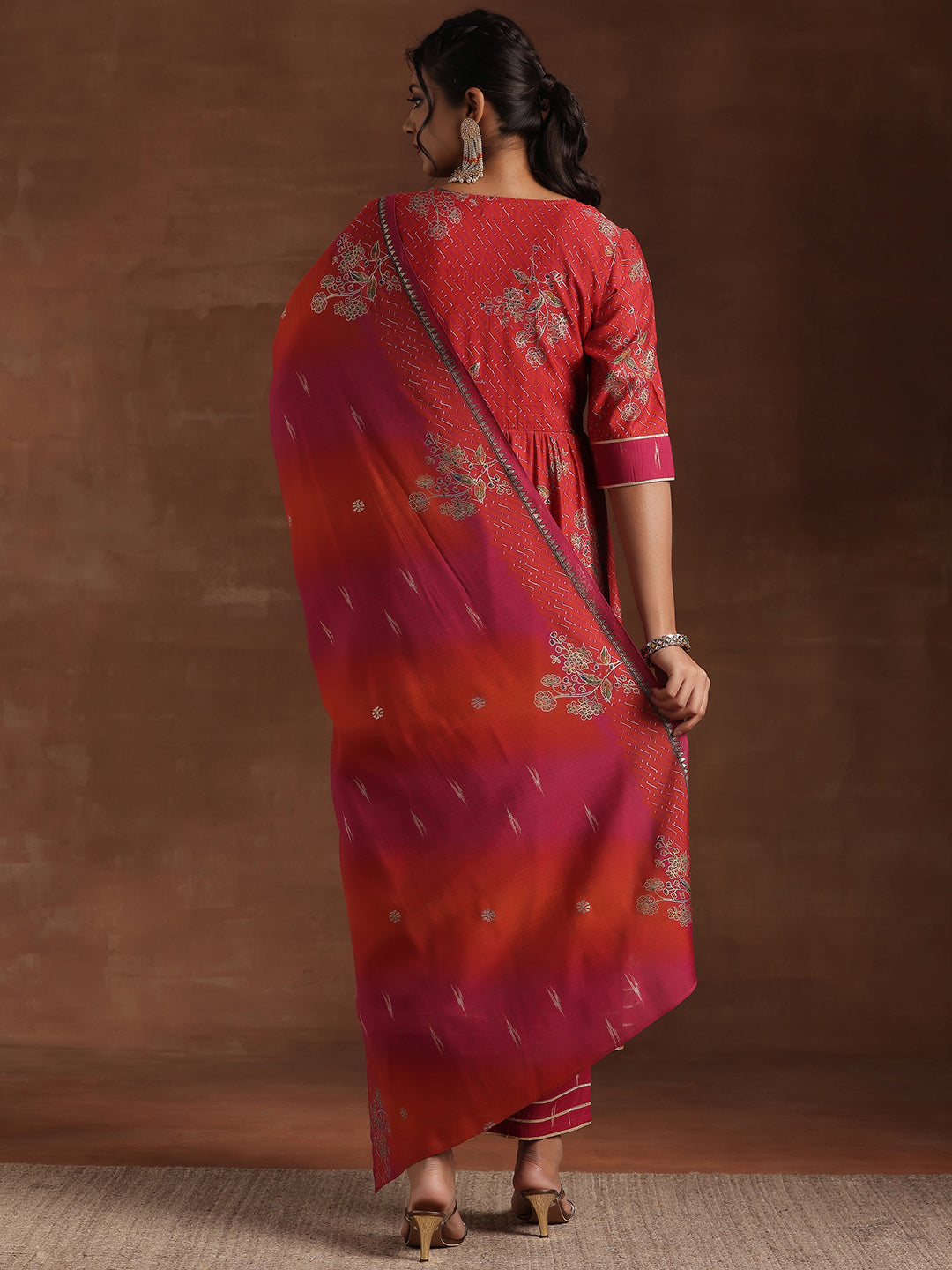 Red Printed Silk Blend Anarkali Suit With Dupatta