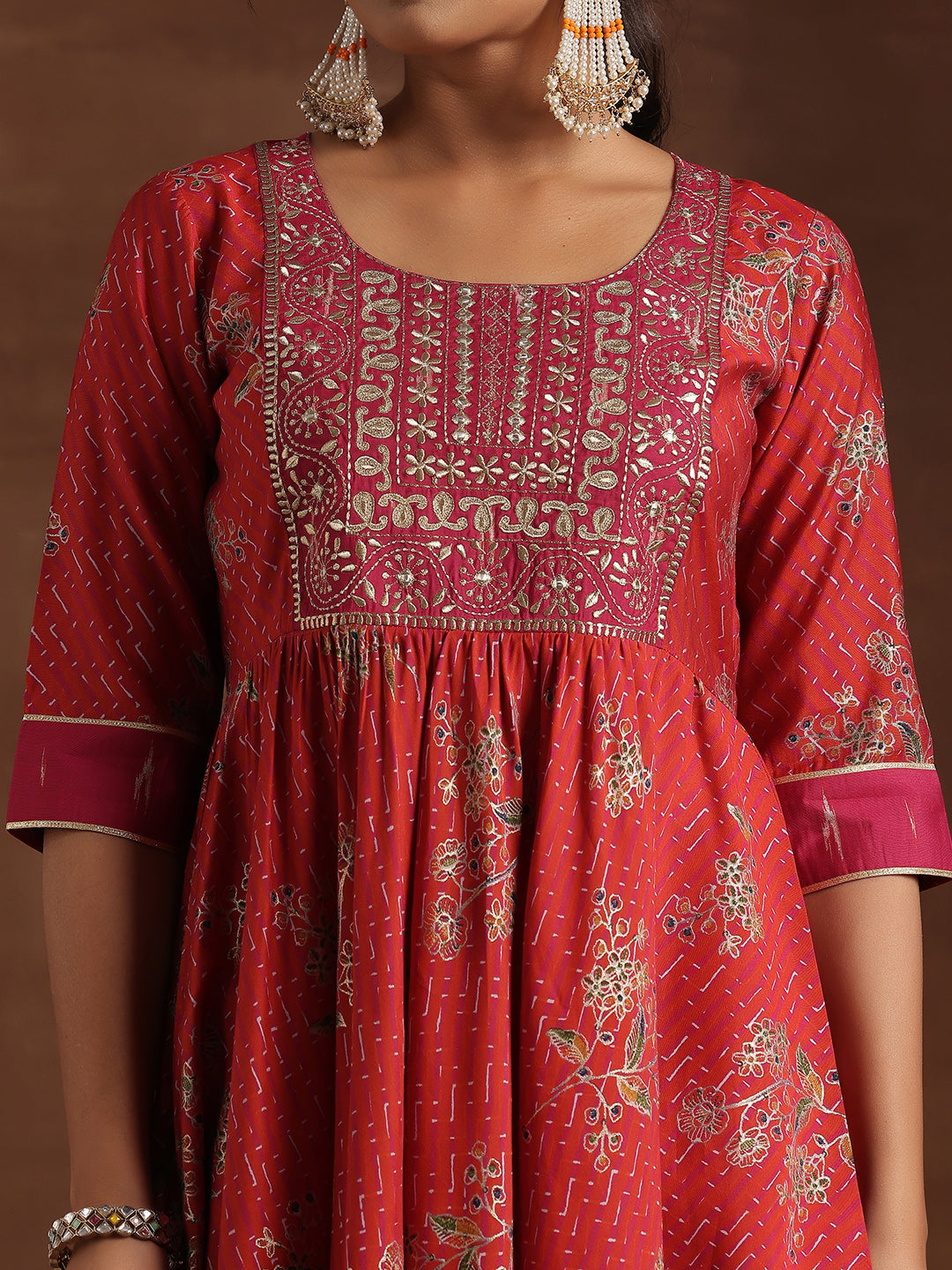 Red Printed Silk Blend Anarkali Suit With Dupatta