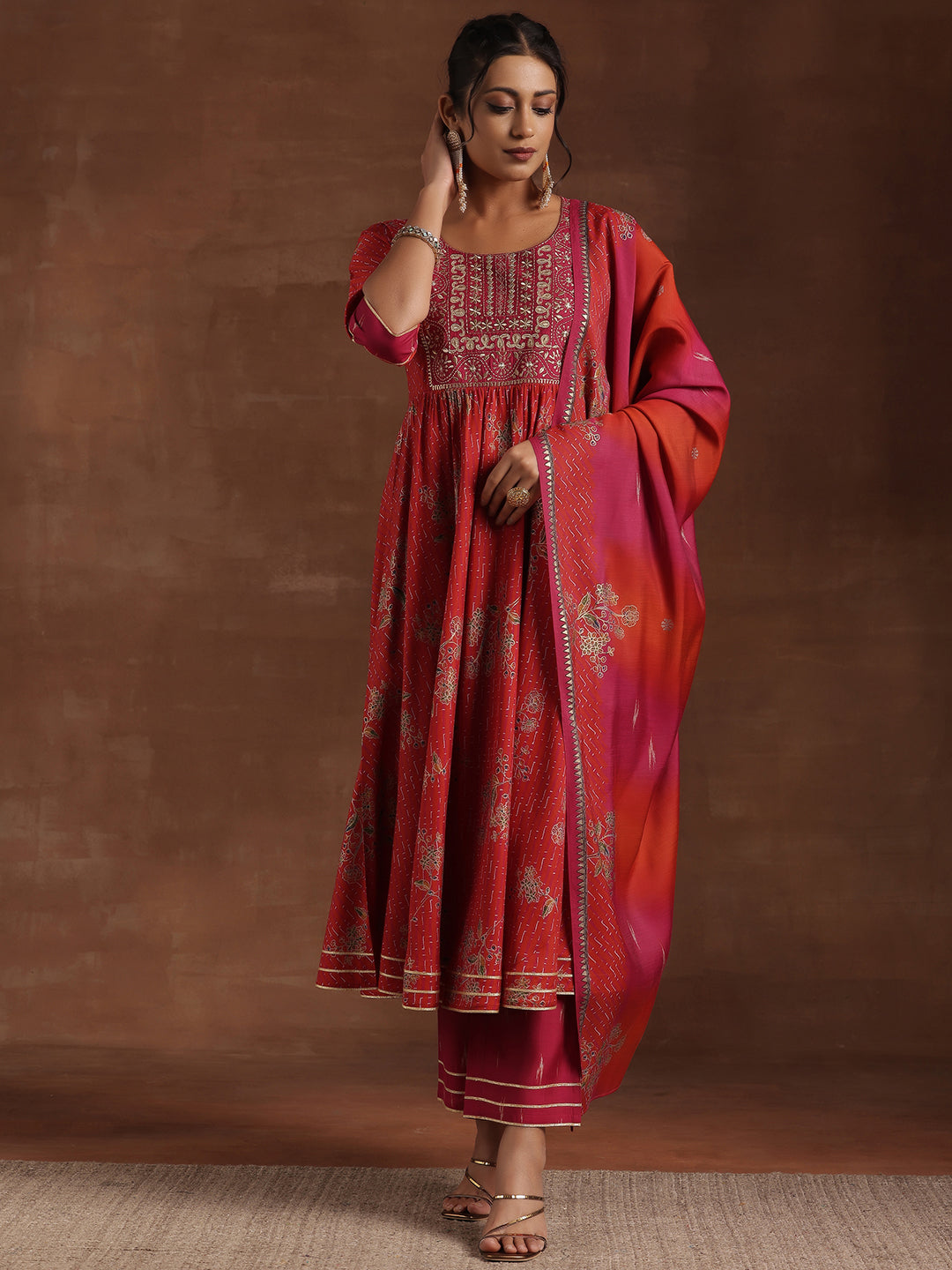 Red Printed Silk Blend Anarkali Suit With Dupatta