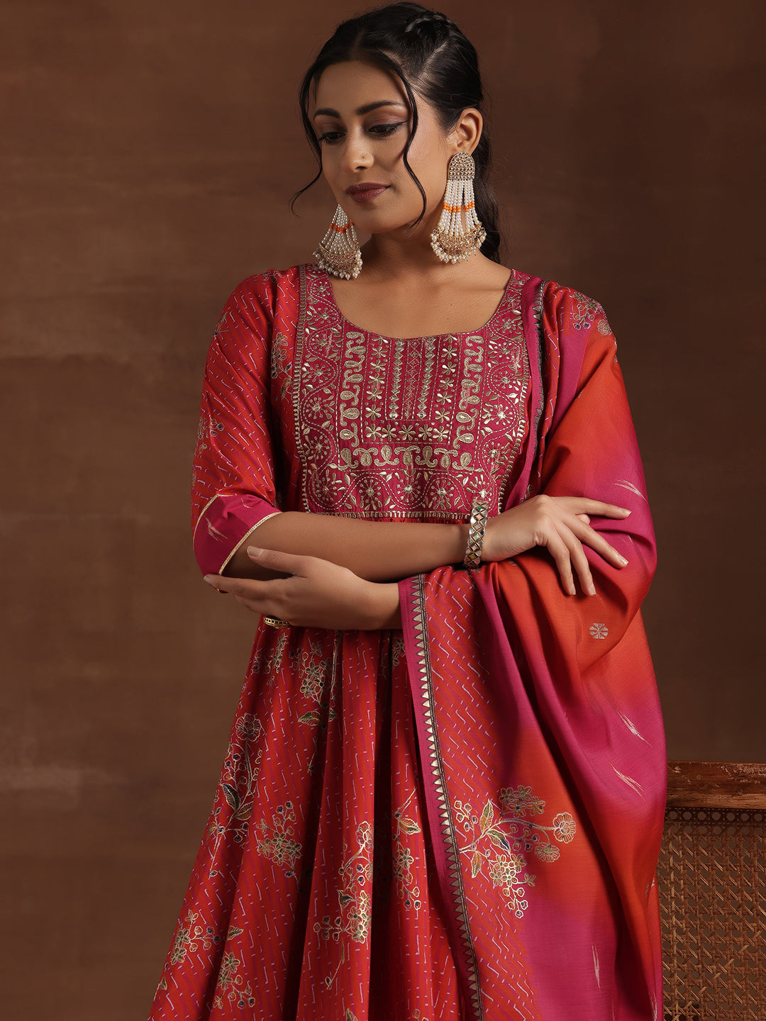 Red Printed Silk Blend Anarkali Suit With Dupatta