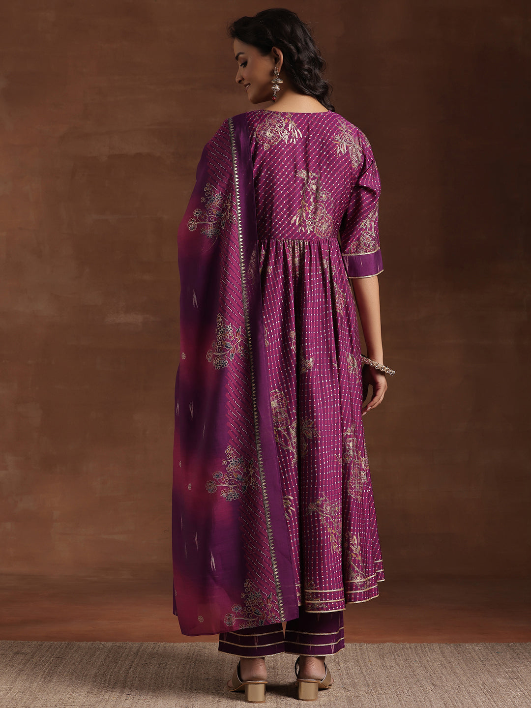 Purple Printed Silk Blend Anarkali Suit With Dupatta