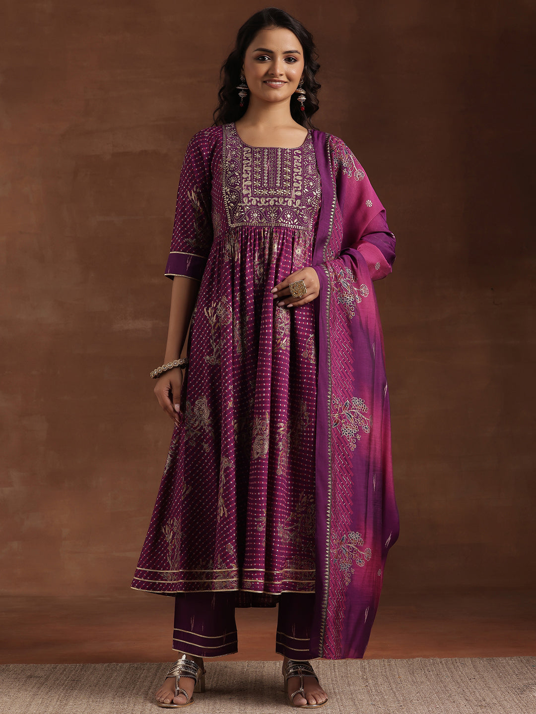 Purple Printed Silk Blend Anarkali Suit With Dupatta