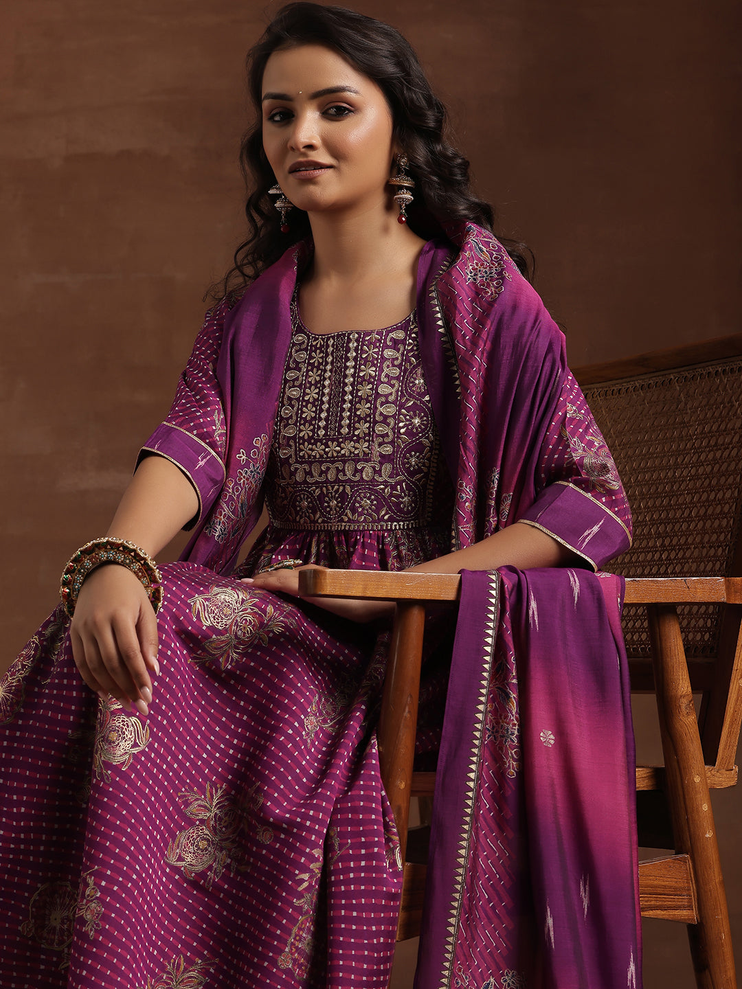 Purple Printed Silk Blend Anarkali Suit With Dupatta