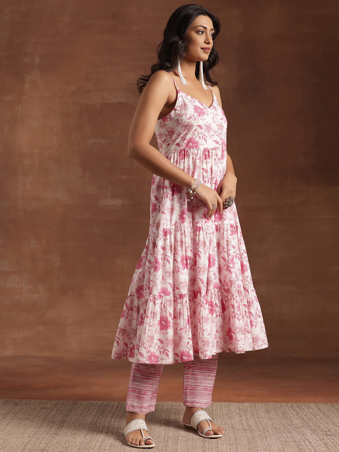 Pink Printed Cotton Anarkali Suit With Dupatta