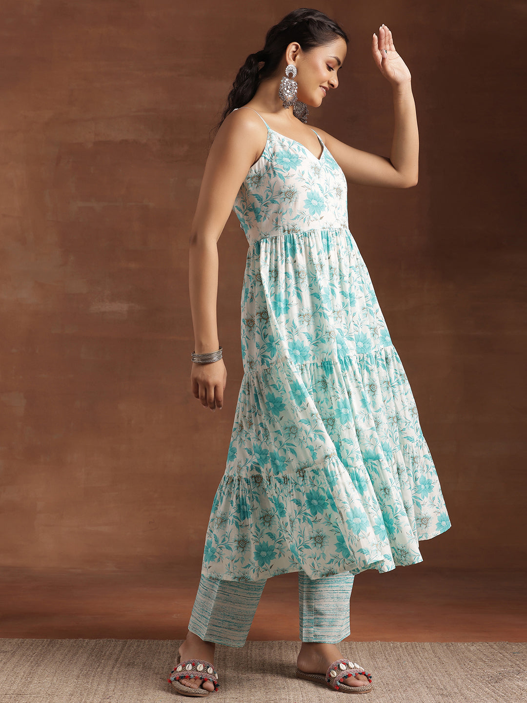 Blue Printed Cotton Anarkali Suit With Dupatta