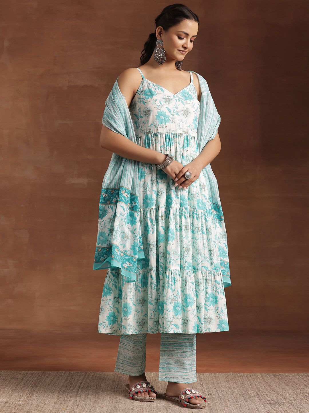 Blue Printed Cotton Anarkali Suit With Dupatta