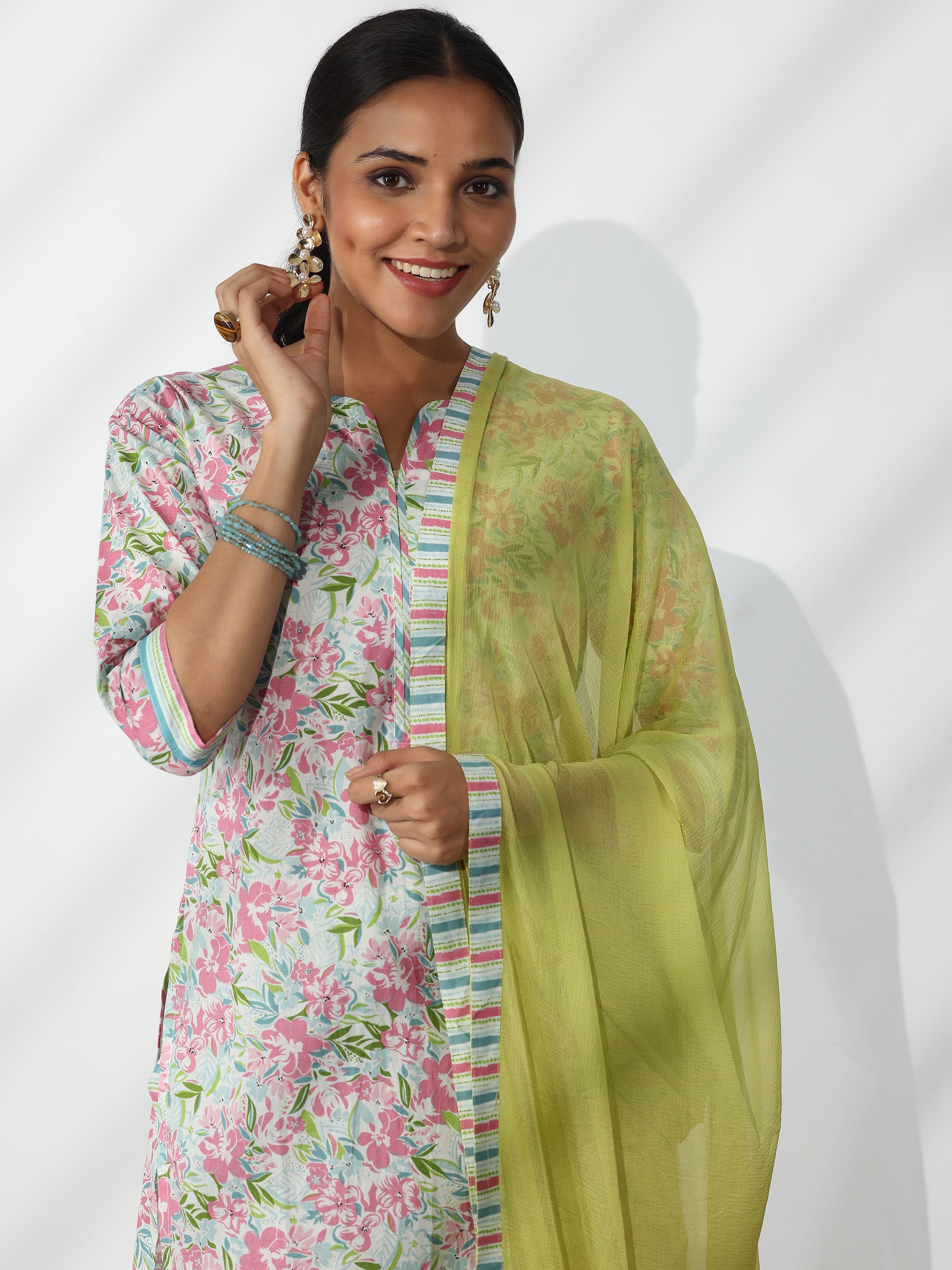 Off White Printed Cotton Straight Suit With Dupatta