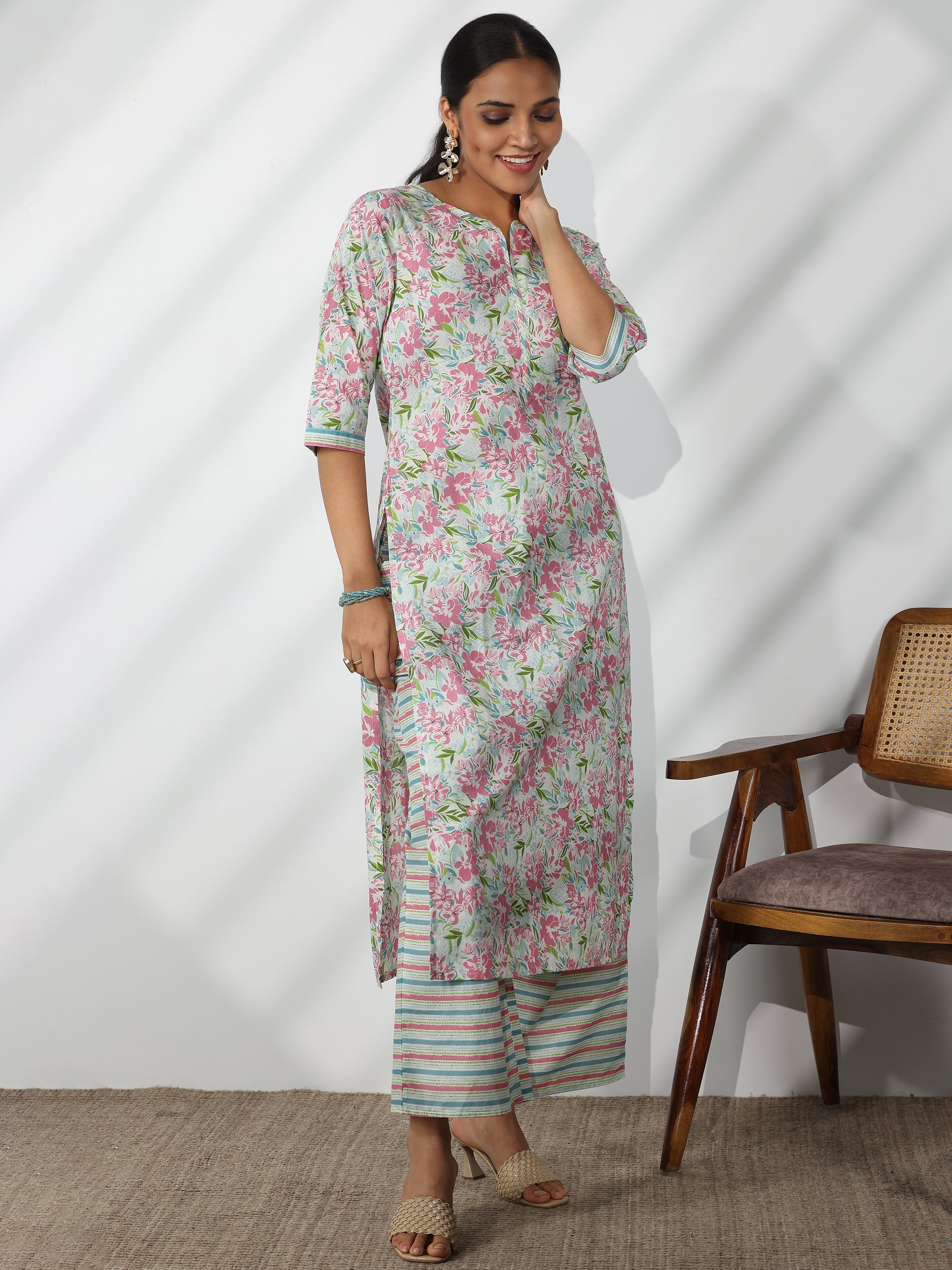 Off White Printed Cotton Straight Suit With Dupatta