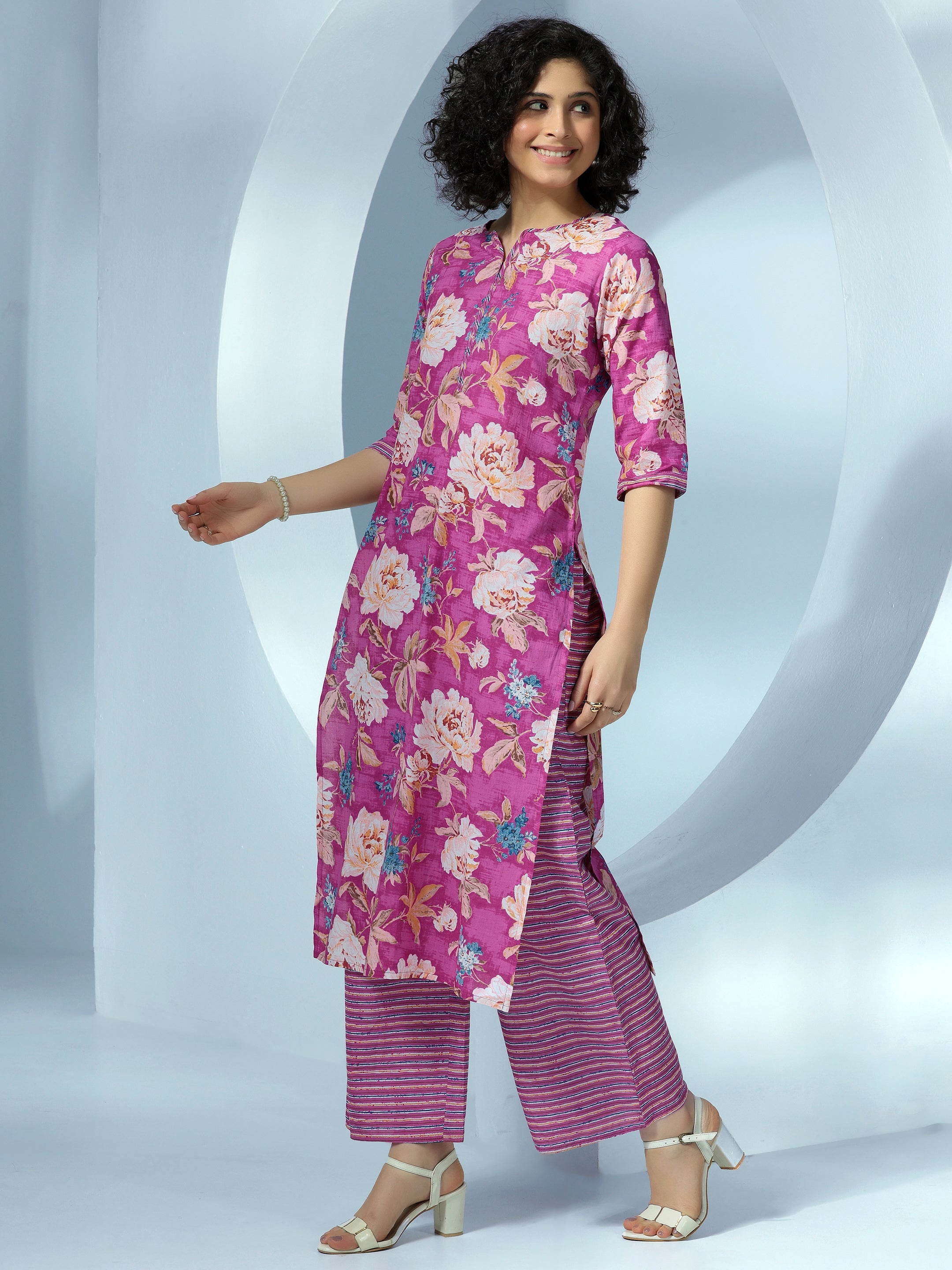 Pink Printed Cotton Straight Suit With Dupatta