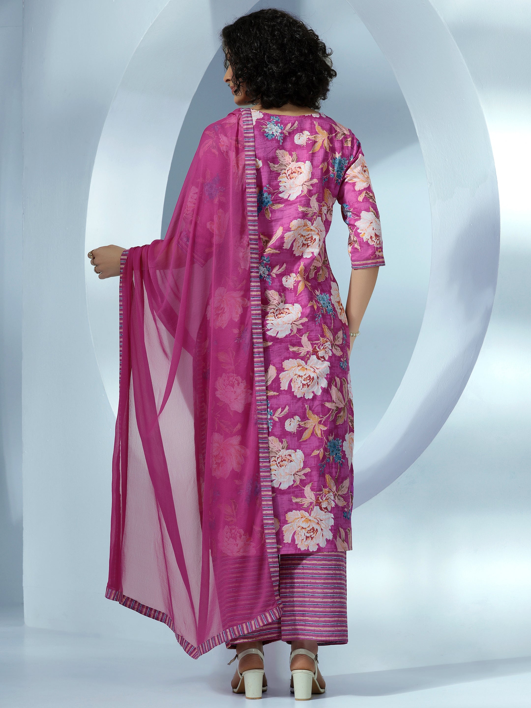 Pink Printed Cotton Straight Suit With Dupatta