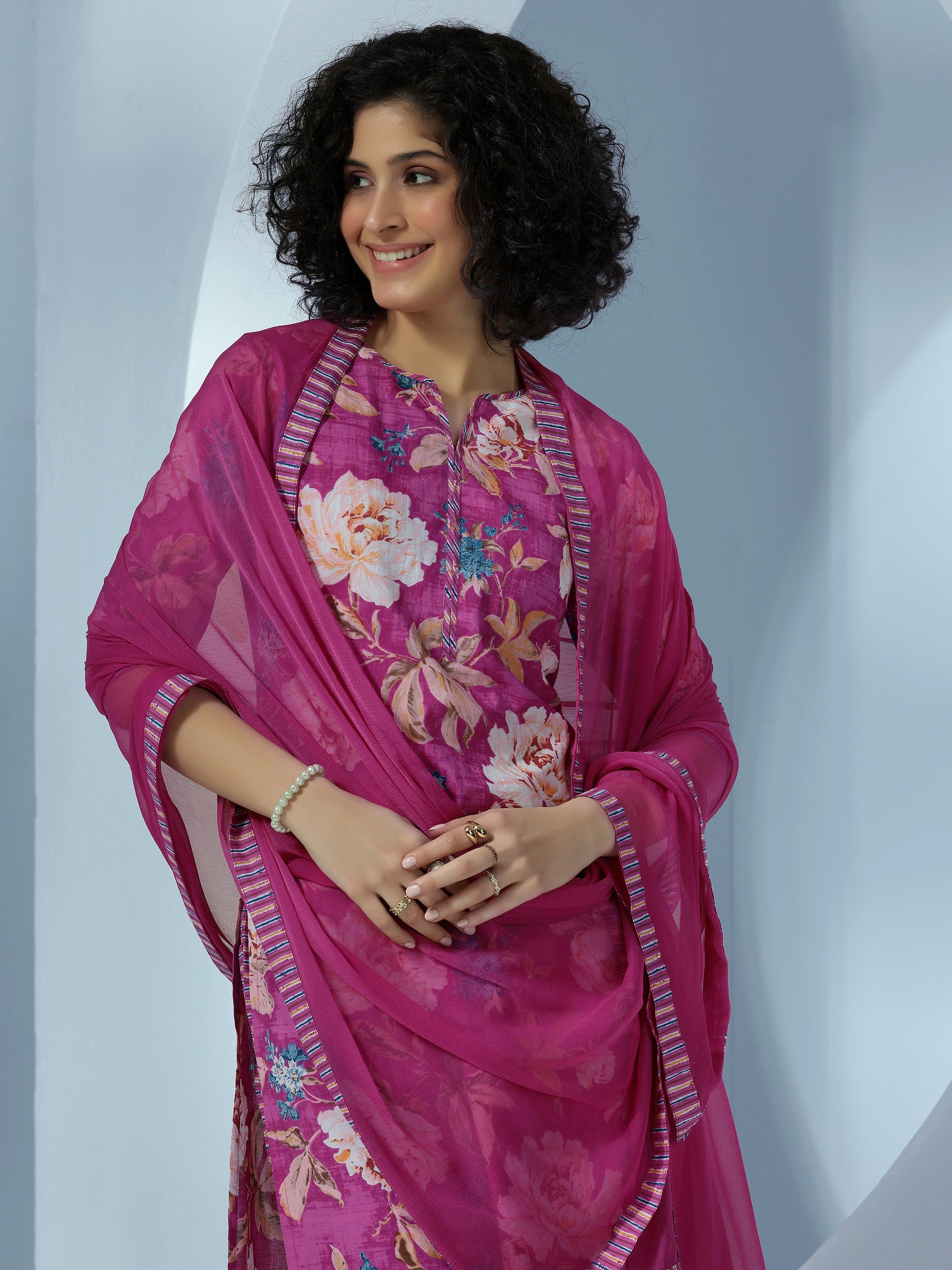 Pink Printed Cotton Straight Suit With Dupatta