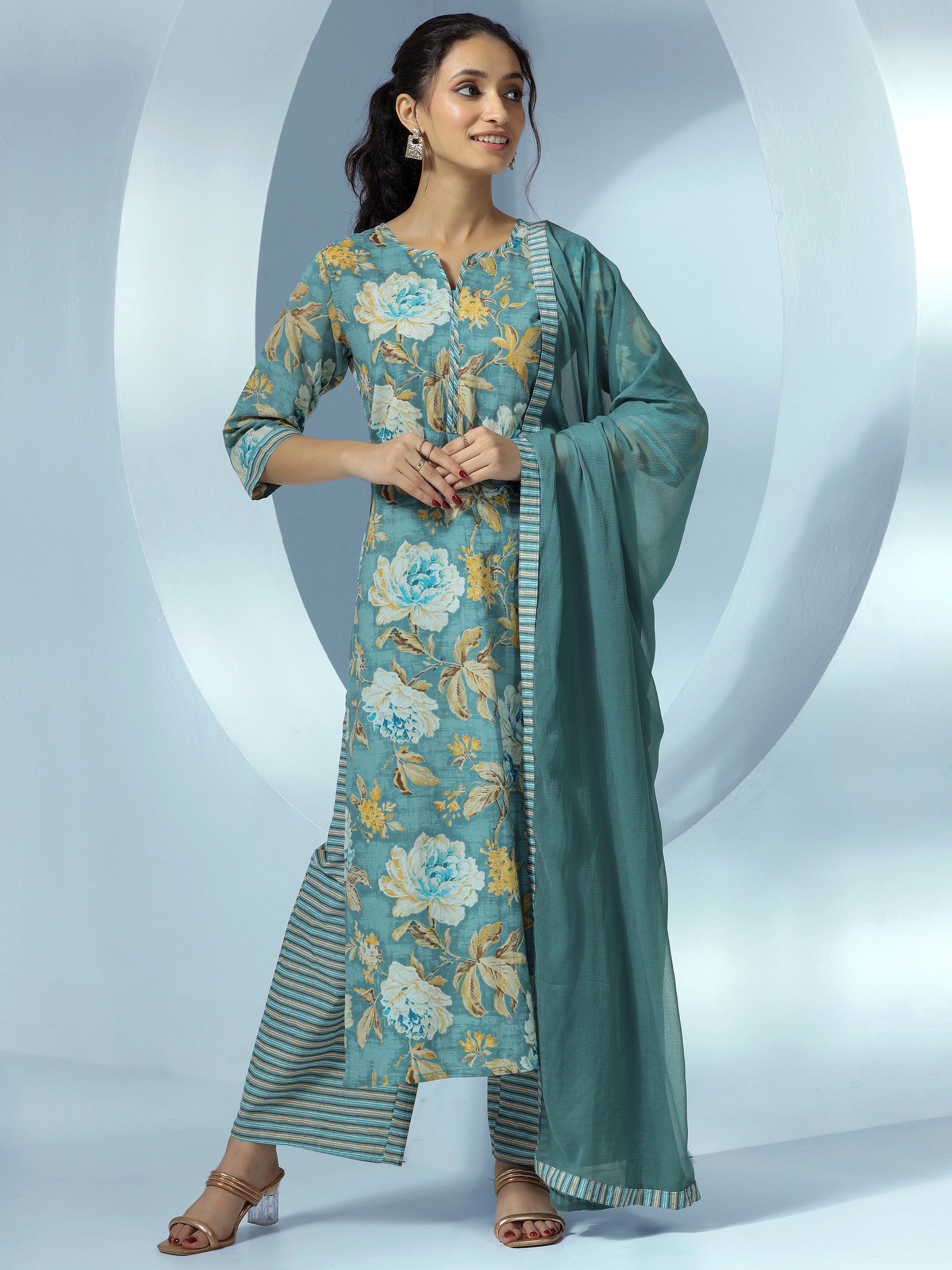 Grey Printed Cotton Straight Suit With Dupatta