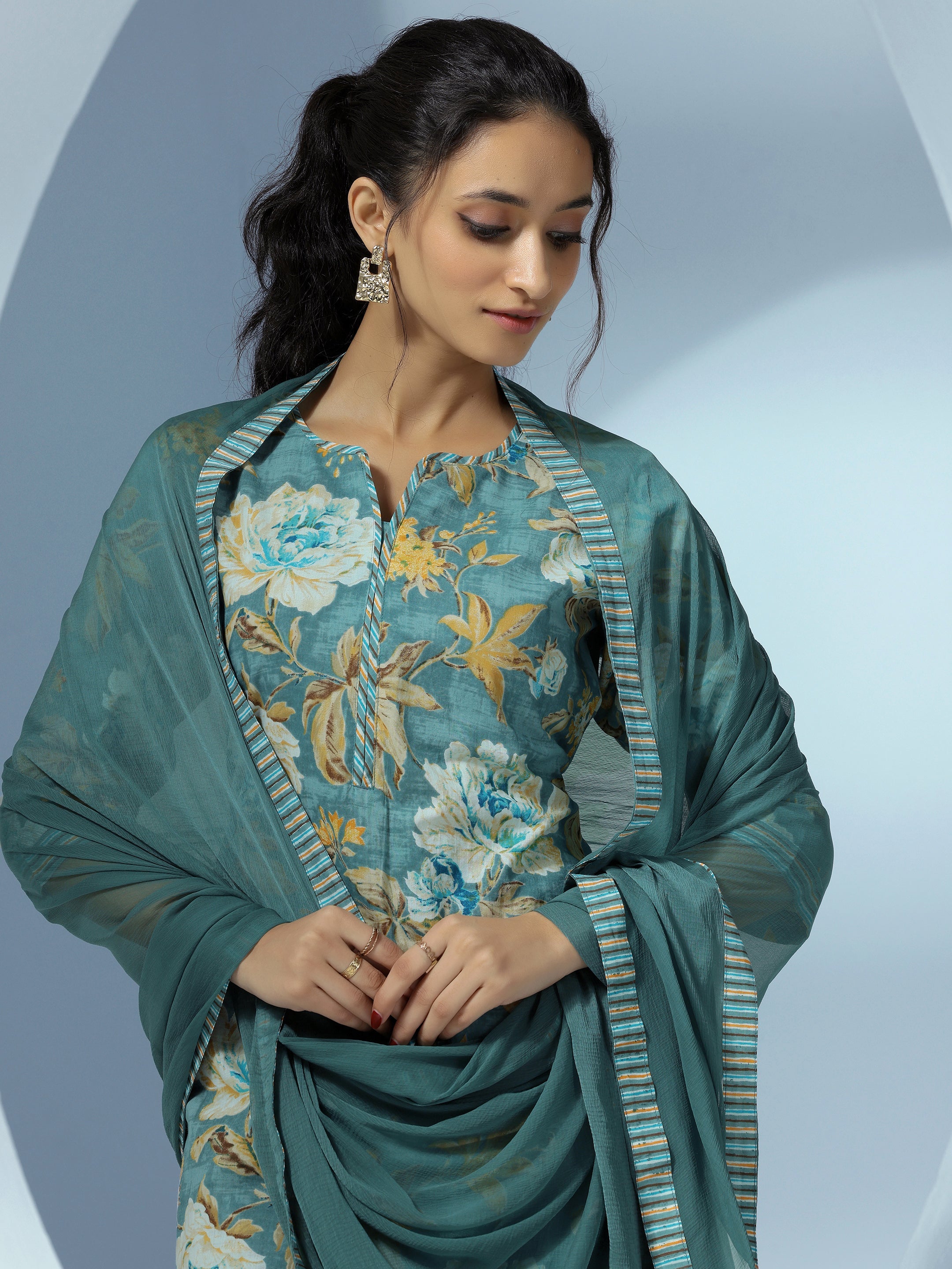 Grey Printed Cotton Straight Suit With Dupatta