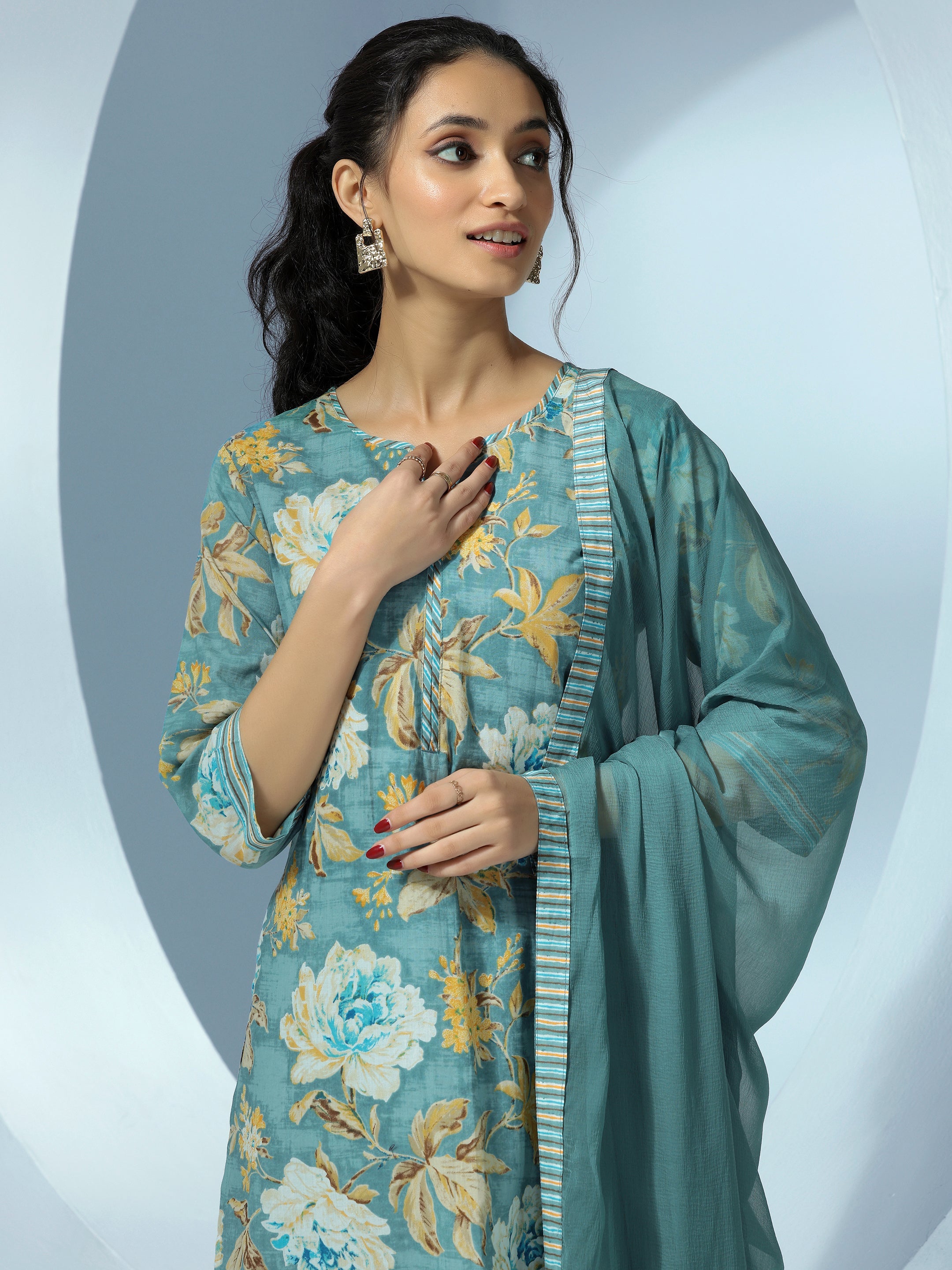 Grey Printed Cotton Straight Suit With Dupatta