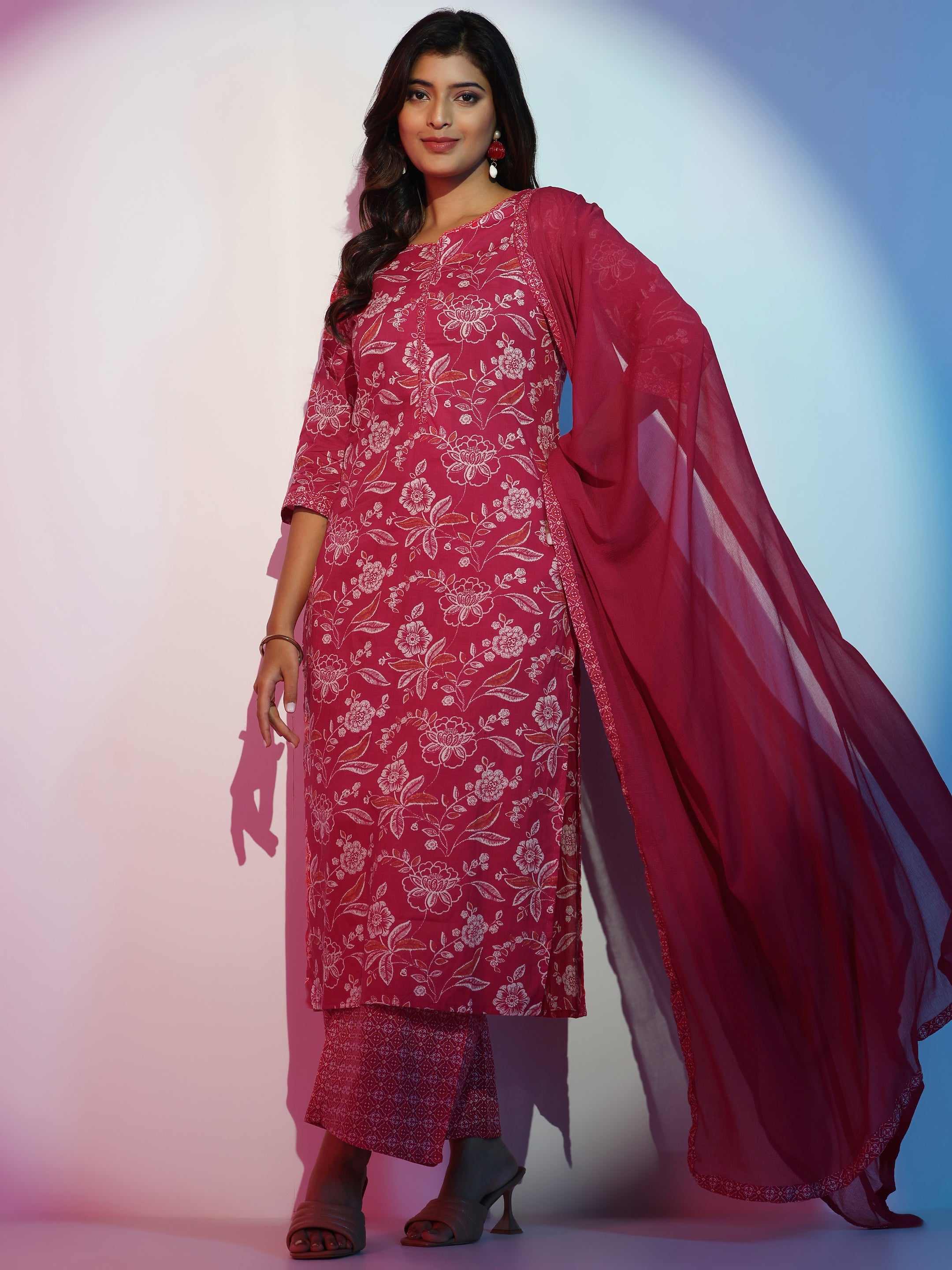 Pink Printed Cotton Straight Suit With Dupatta