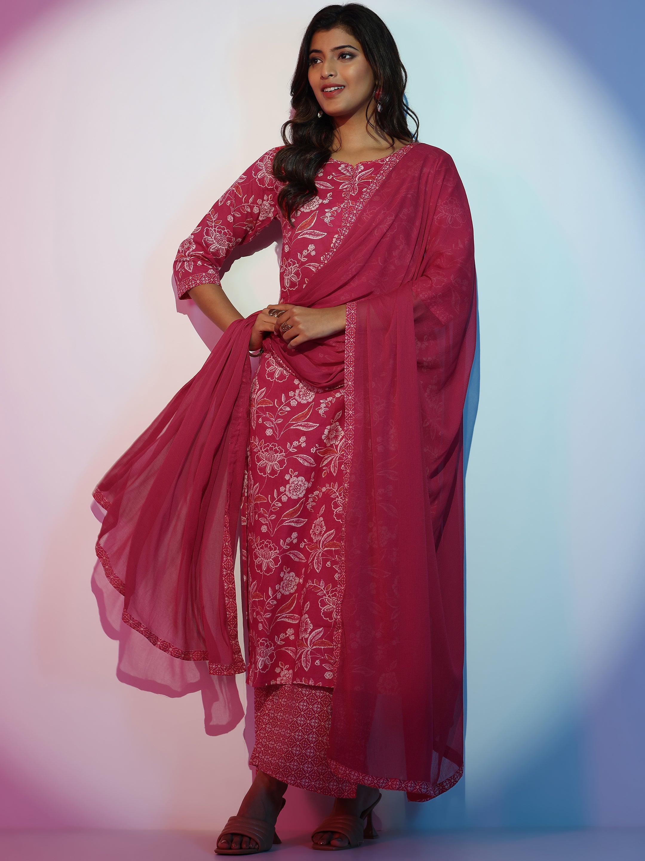 Pink Printed Cotton Straight Suit With Dupatta