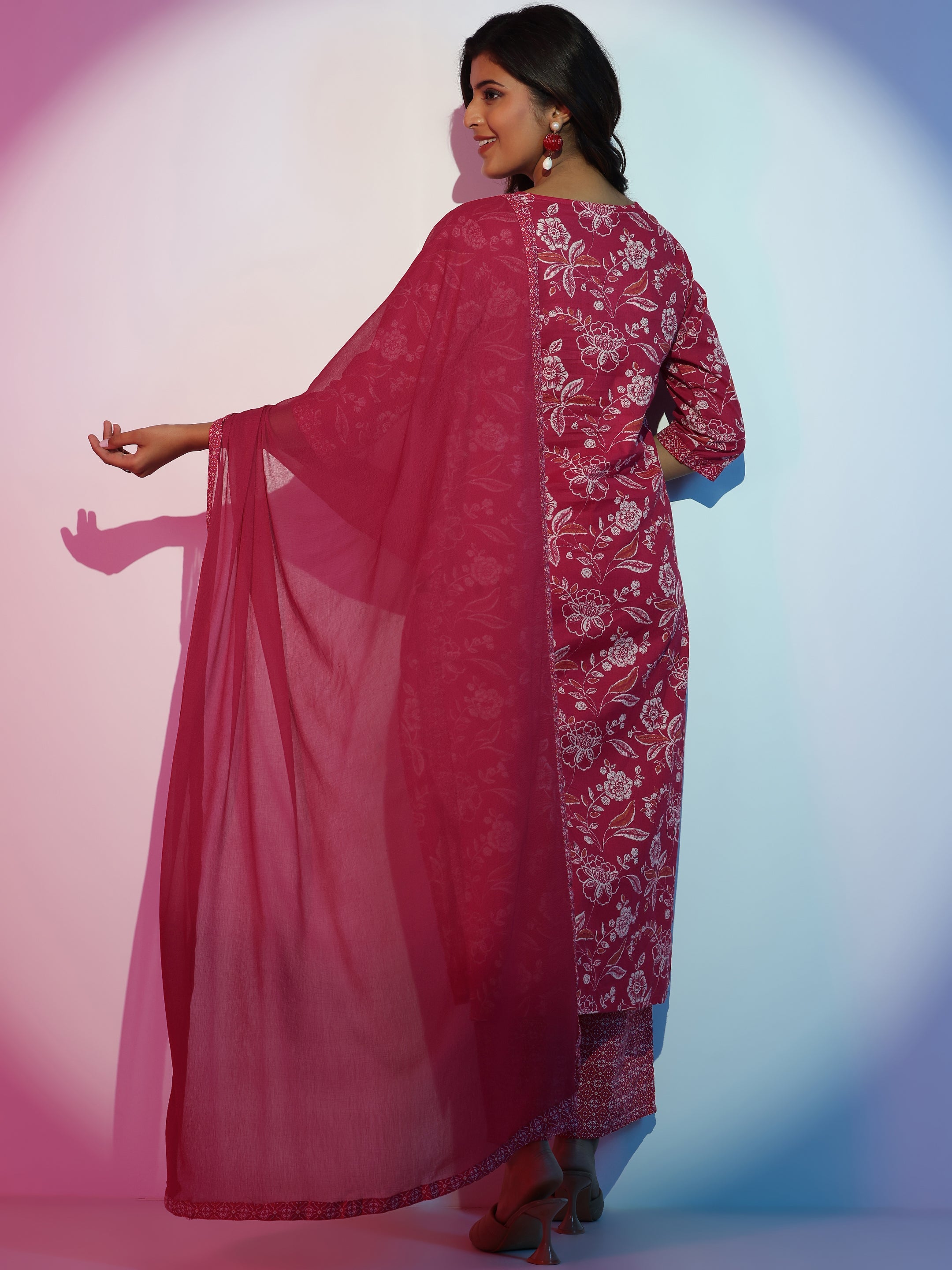 Pink Printed Cotton Straight Suit With Dupatta