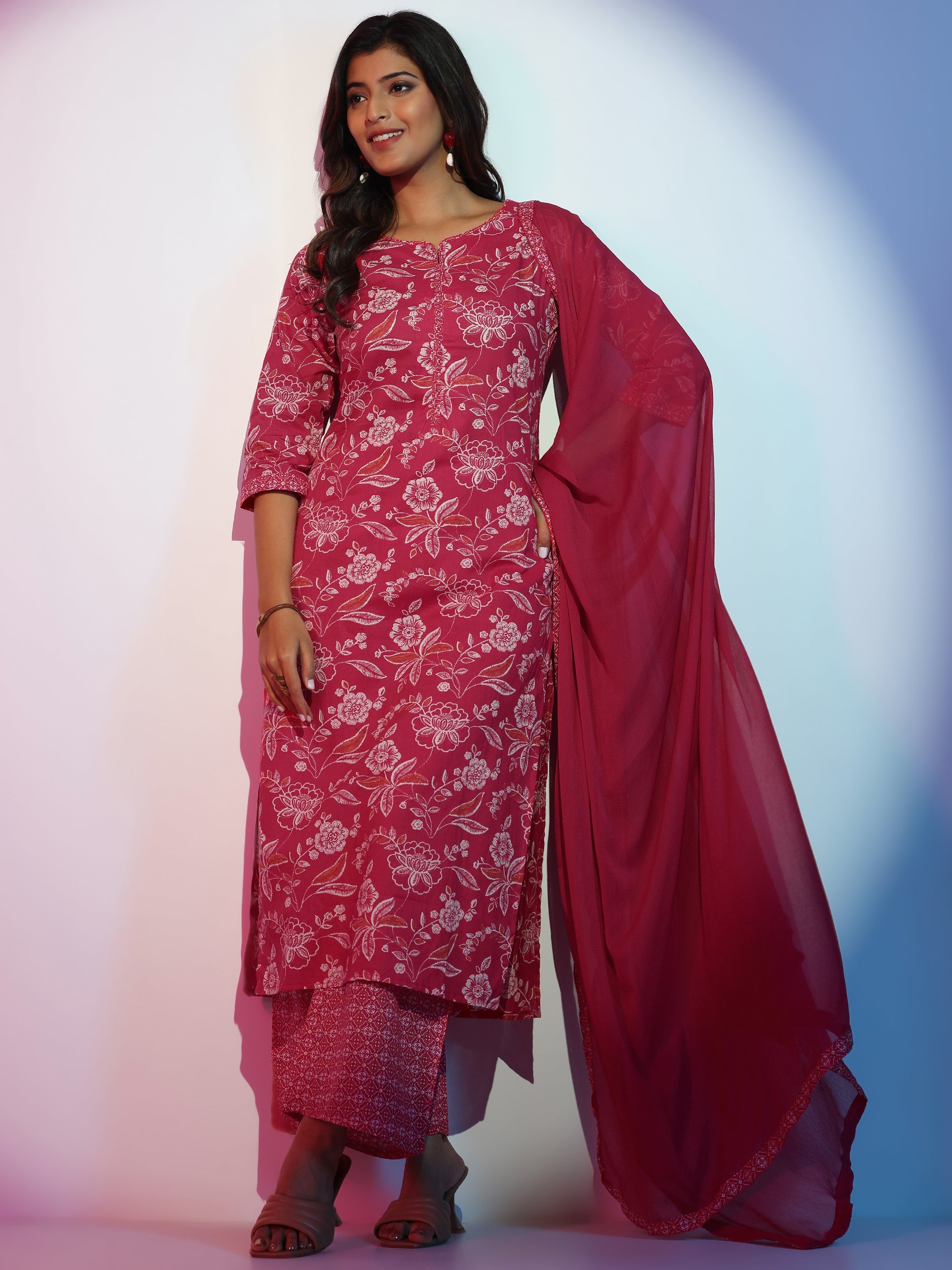 Pink Printed Cotton Straight Suit With Dupatta