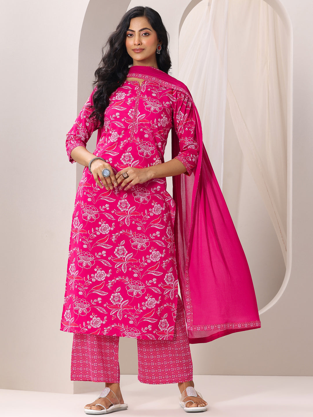 Pink Printed Cotton Straight Suit With Dupatta