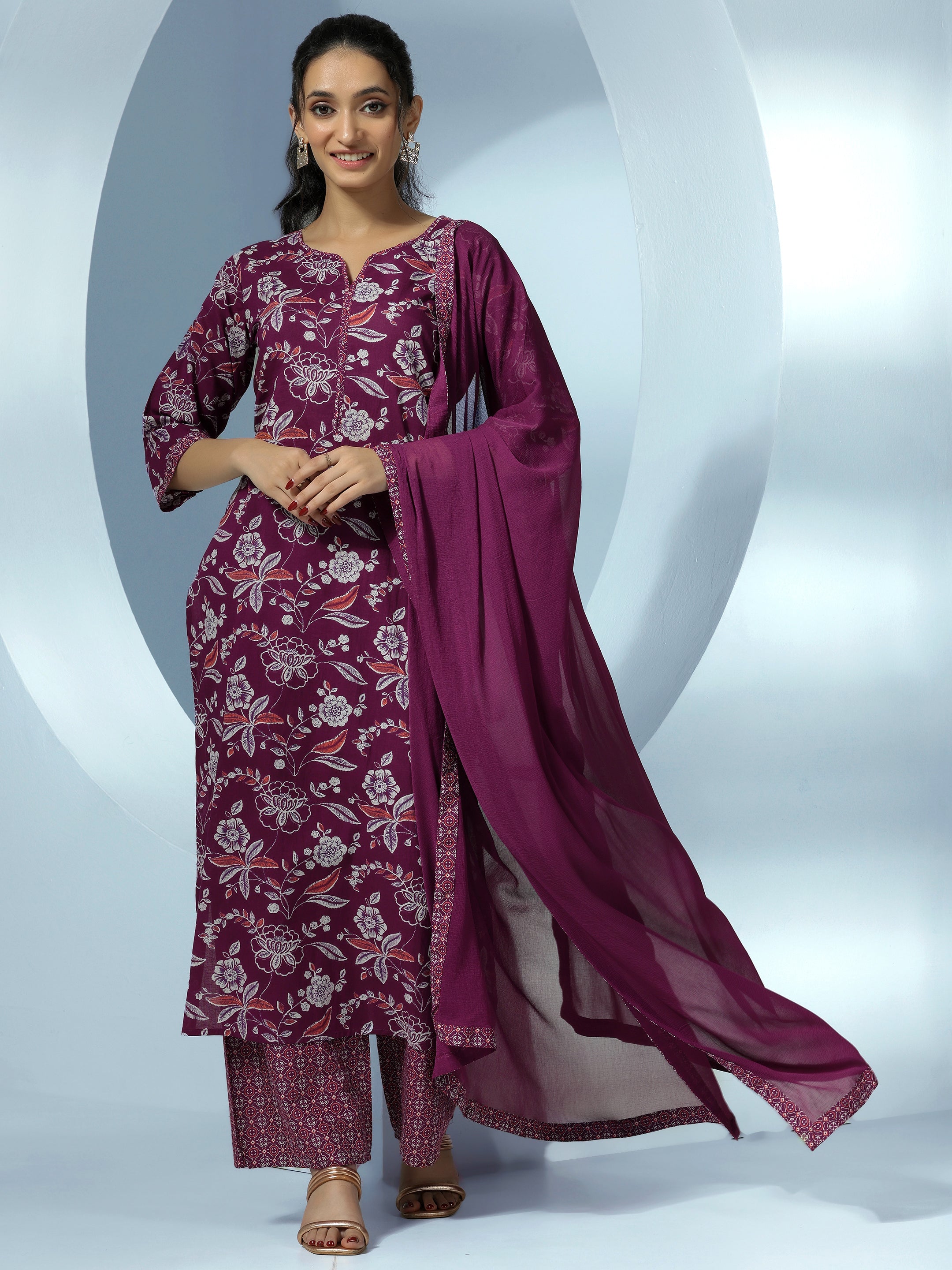 Wine Printed Cotton Straight Suit With Dupatta