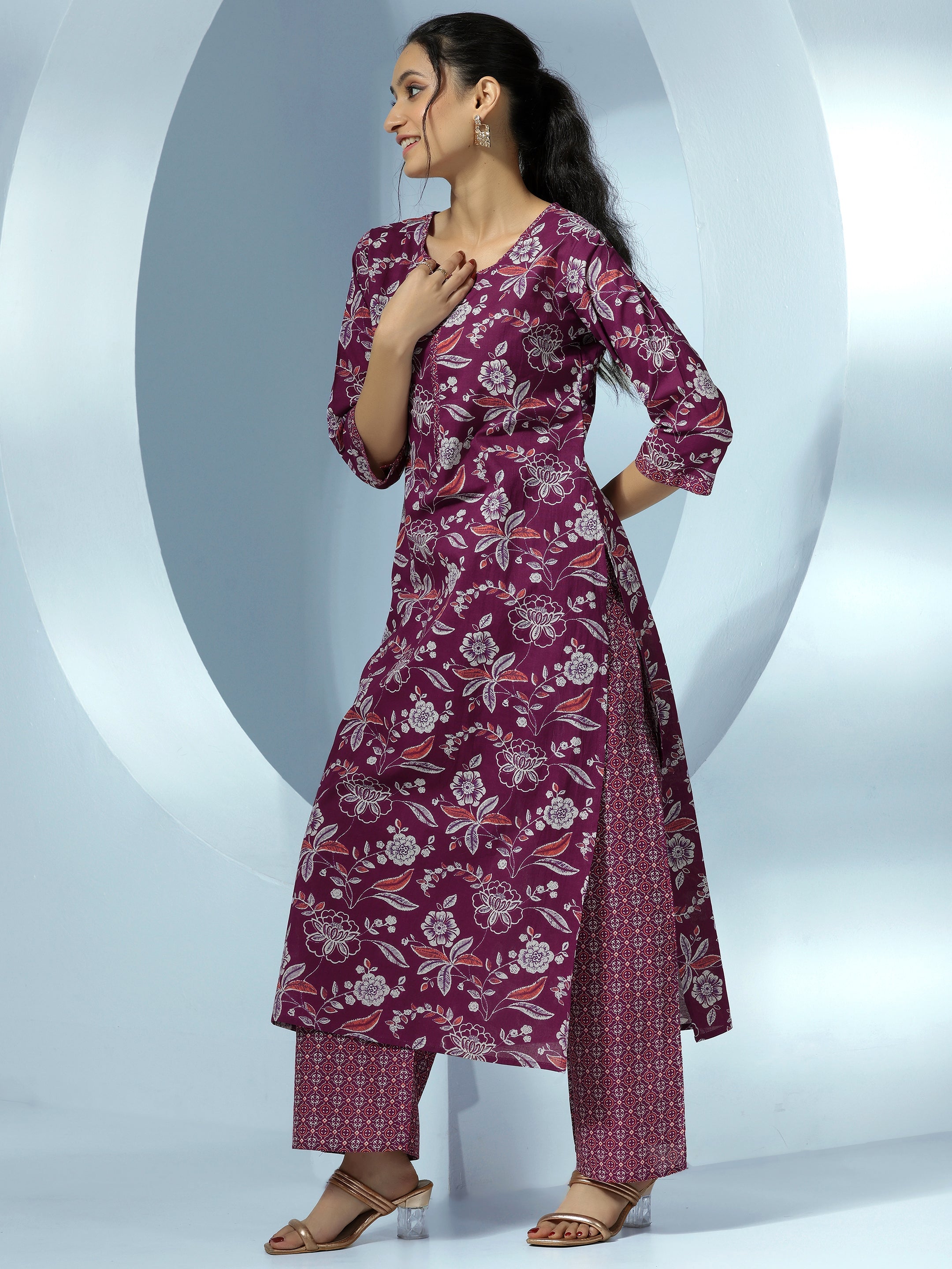 Wine Printed Cotton Straight Suit With Dupatta