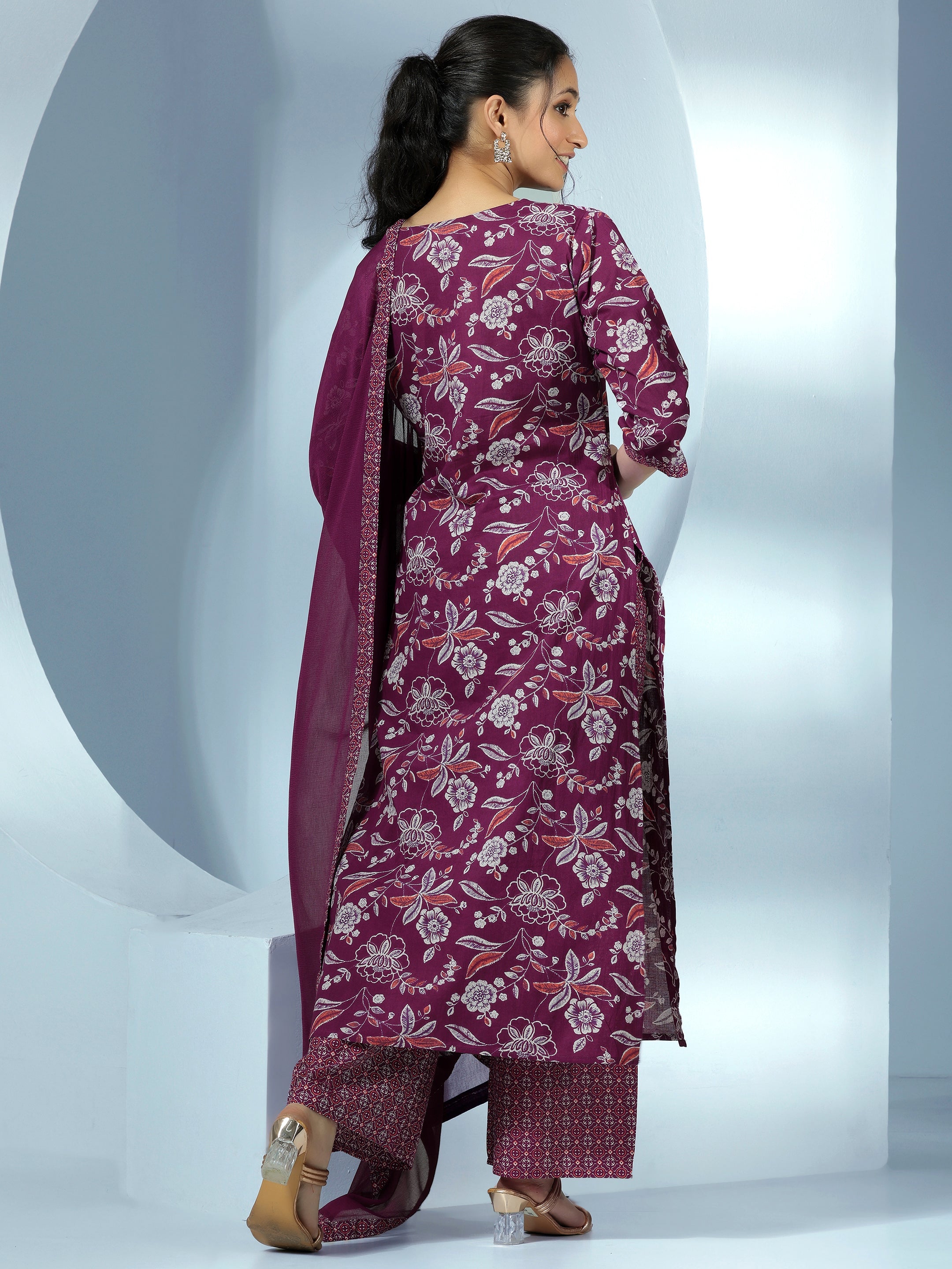 Wine Printed Cotton Straight Suit With Dupatta