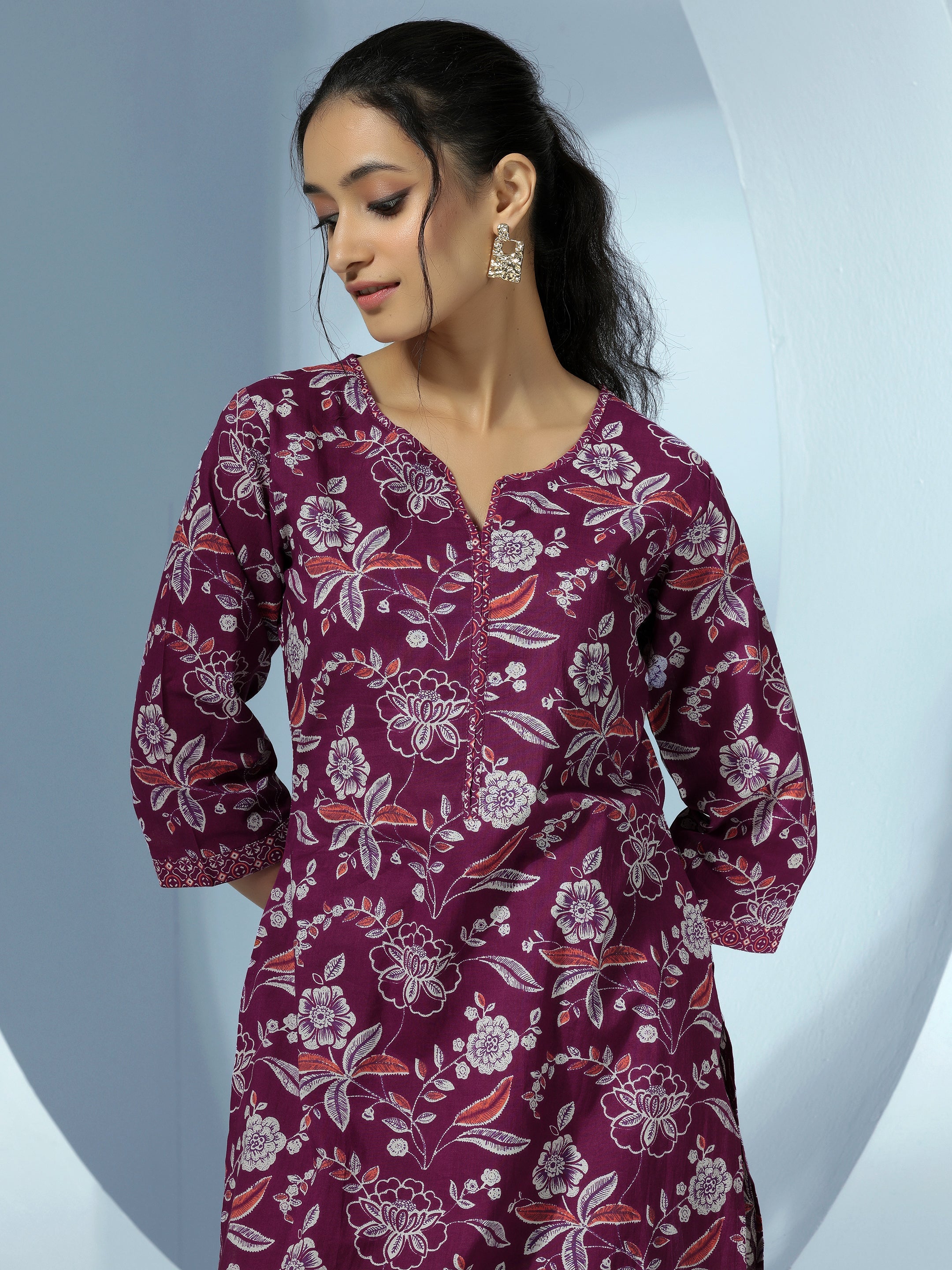 Wine Printed Cotton Straight Suit With Dupatta