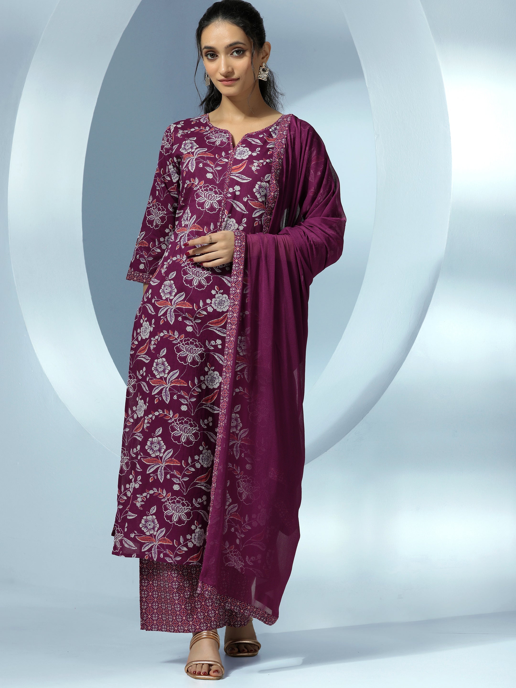 Wine Printed Cotton Straight Suit With Dupatta