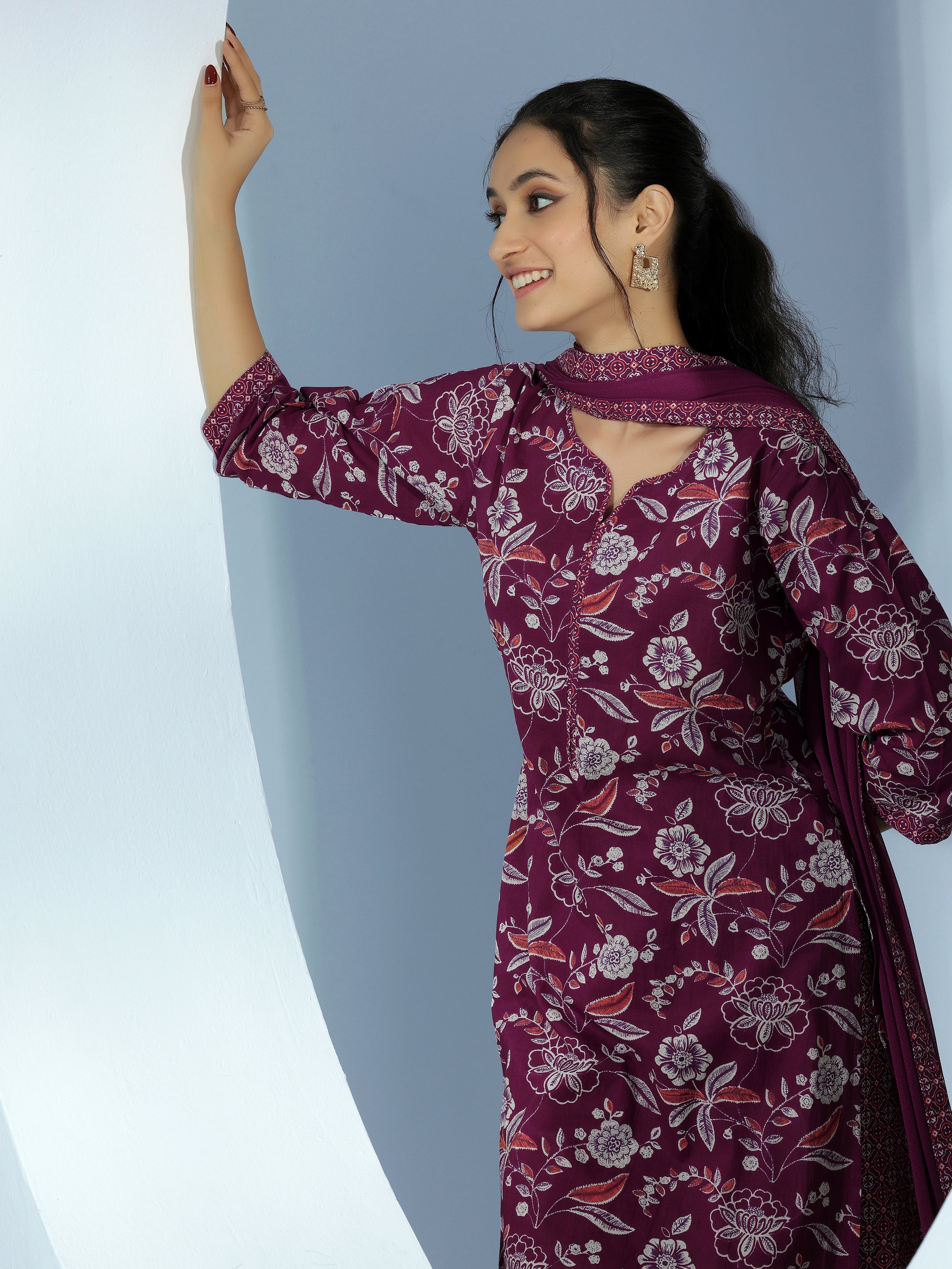 Wine Printed Cotton Straight Suit With Dupatta