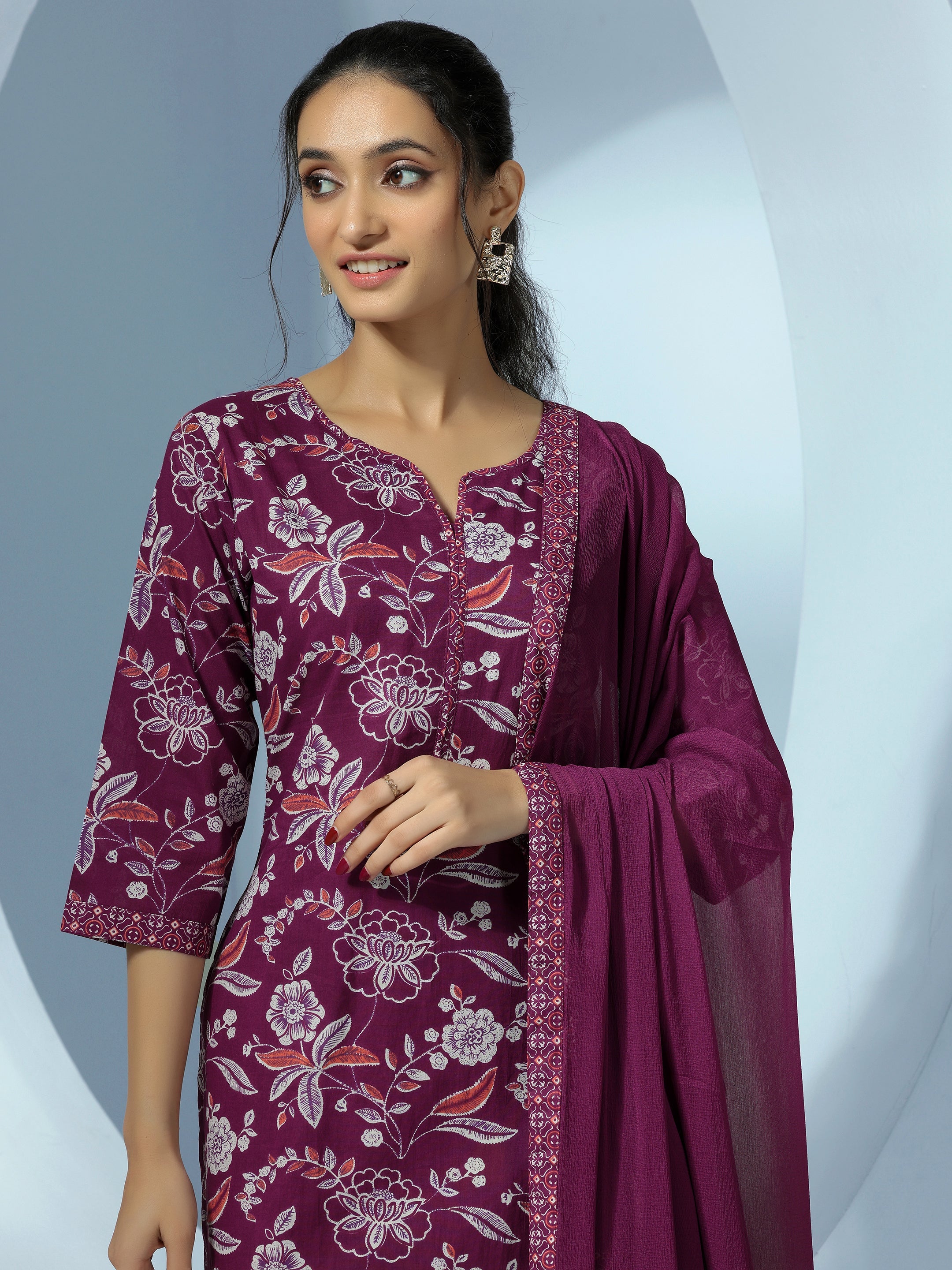 Wine Printed Cotton Straight Suit With Dupatta