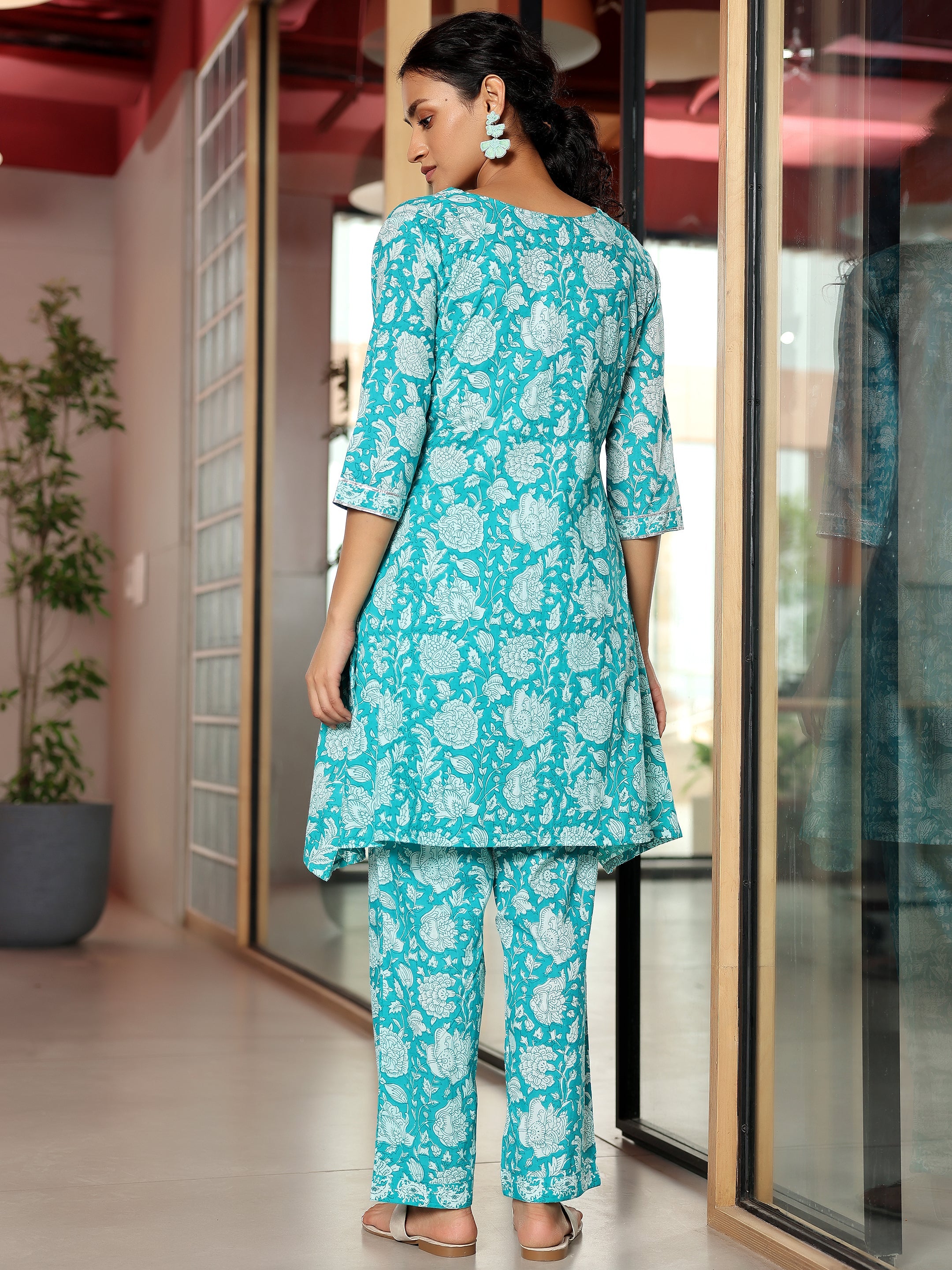 Blue Printed Cotton A-Line Kurta With Trousers