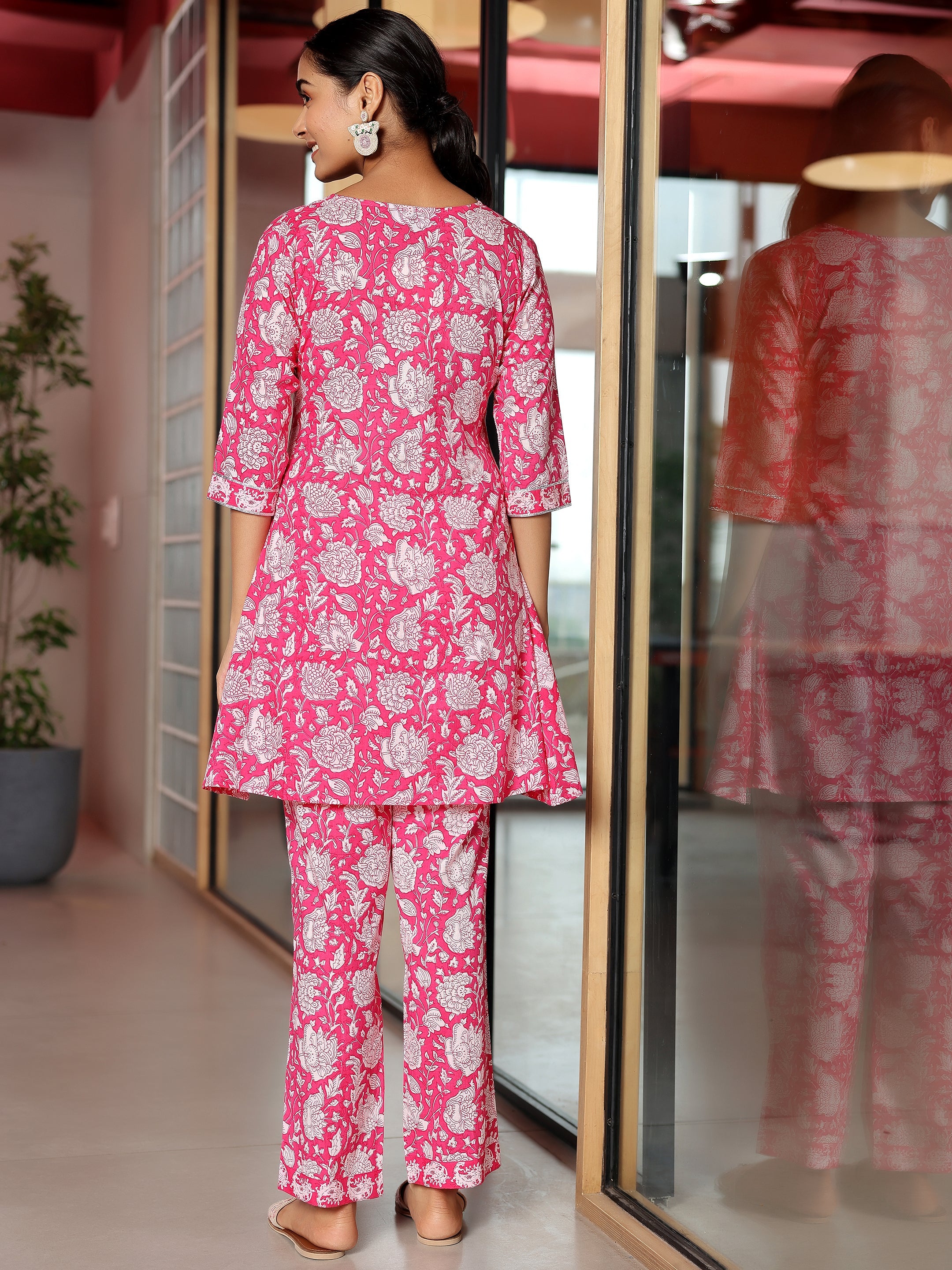 Pink Printed Cotton A-Line Kurta With Trousers