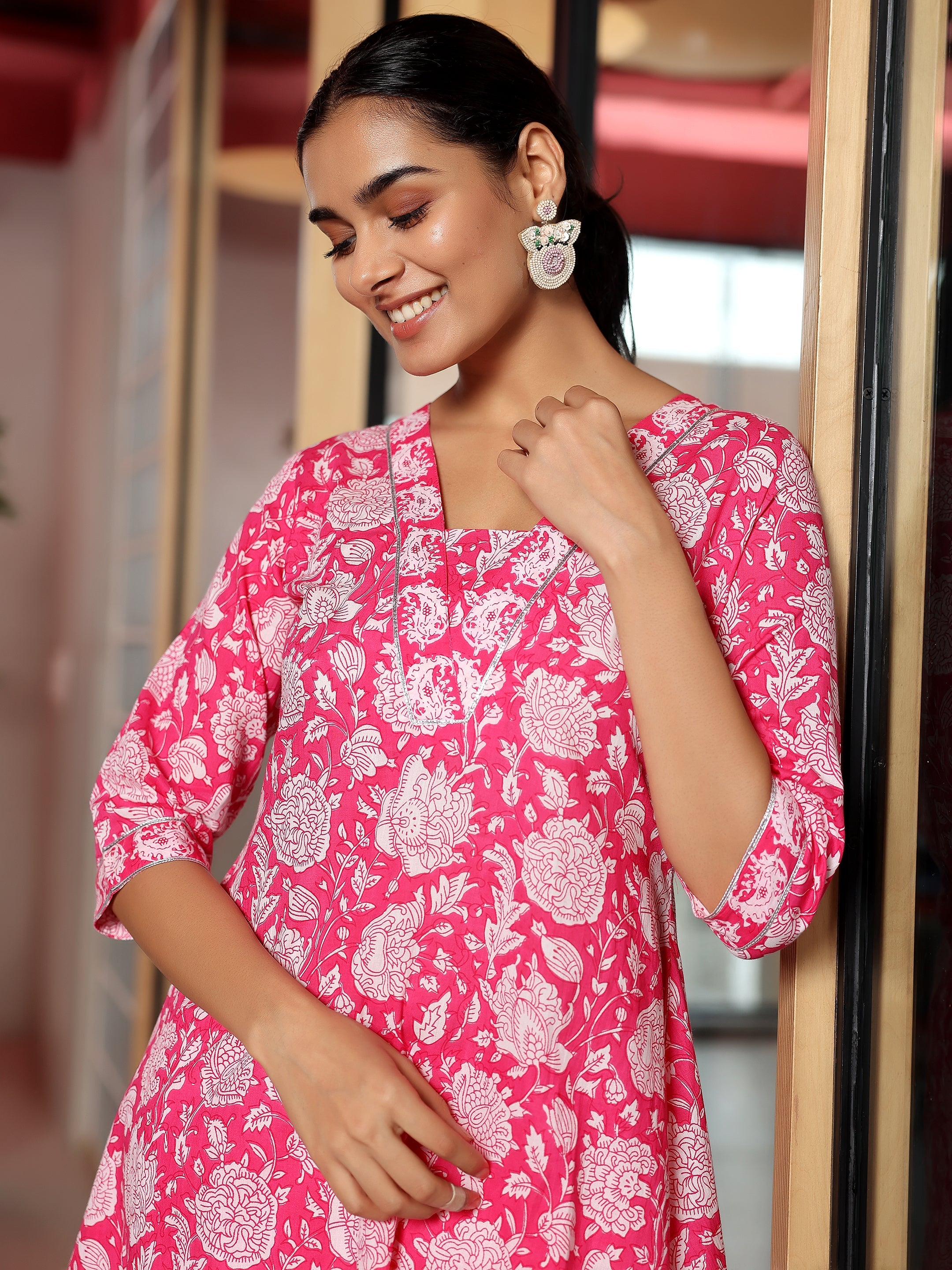 Pink Printed Cotton A-Line Kurta With Trousers