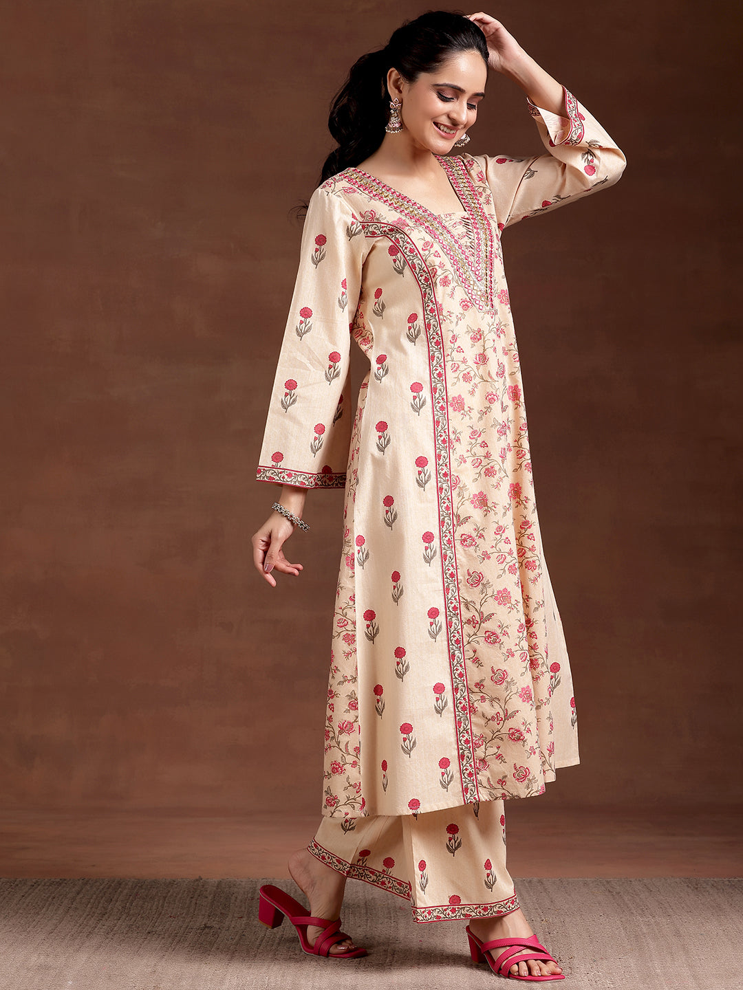 Beige Printed Cotton A-Line Kurta With Palazzos