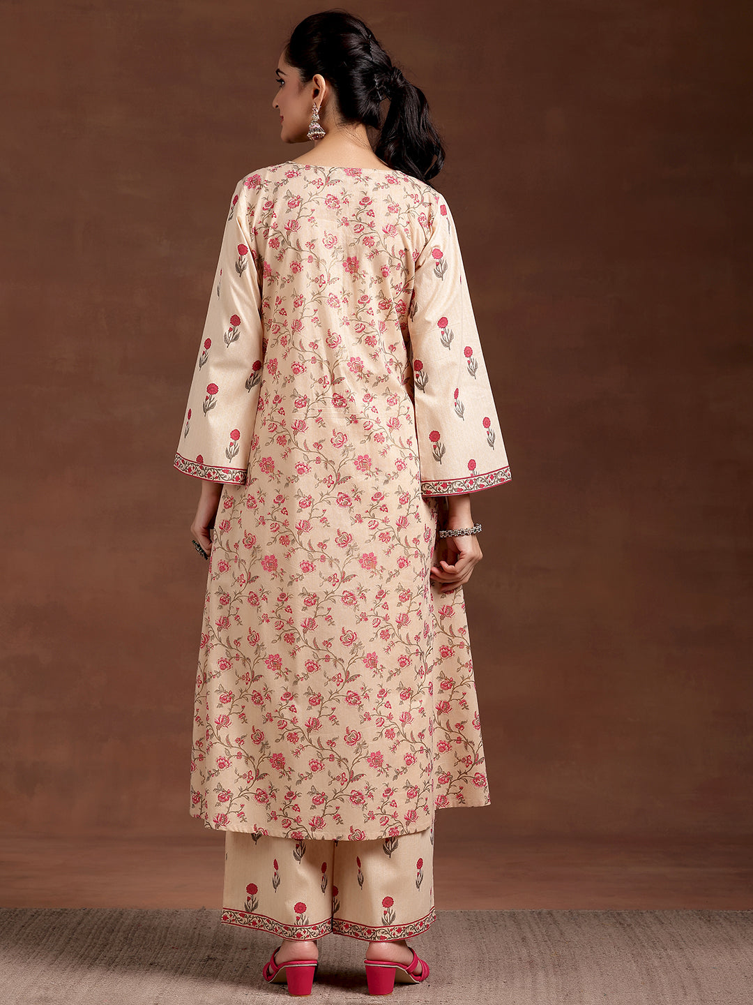 Beige Printed Cotton A-Line Kurta With Palazzos