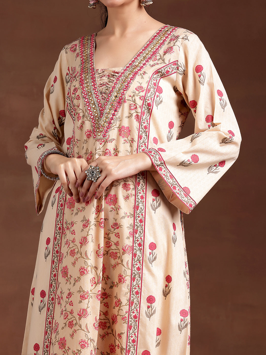 Beige Printed Cotton A-Line Kurta With Palazzos