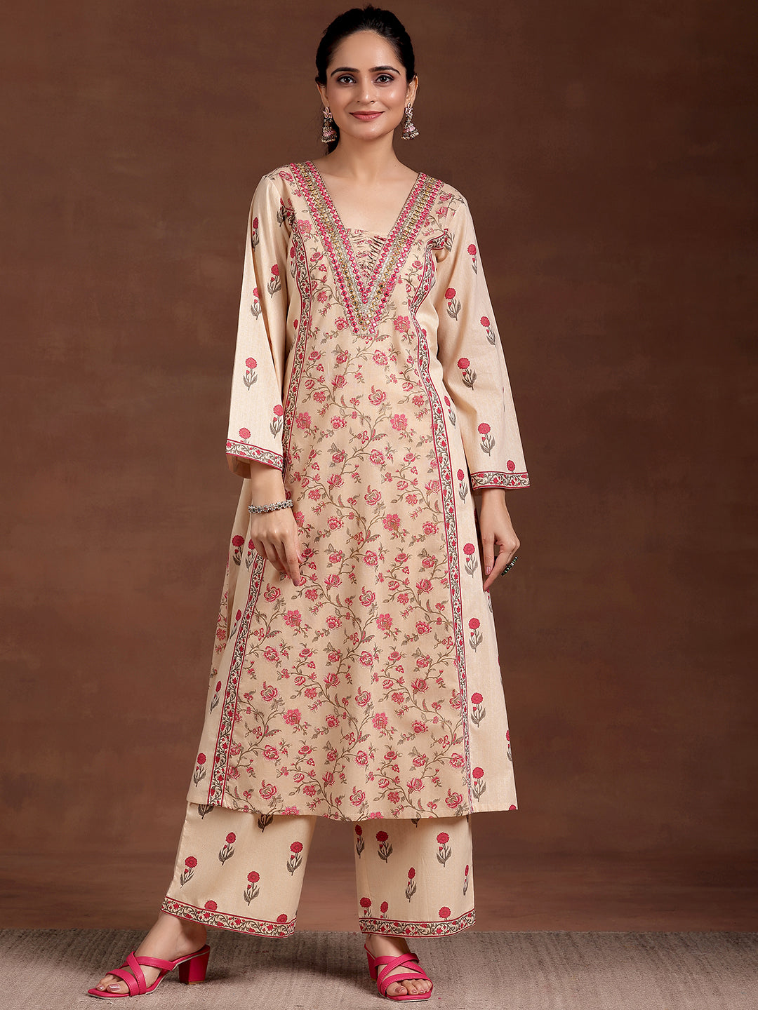 Beige Printed Cotton A-Line Kurta With Palazzos