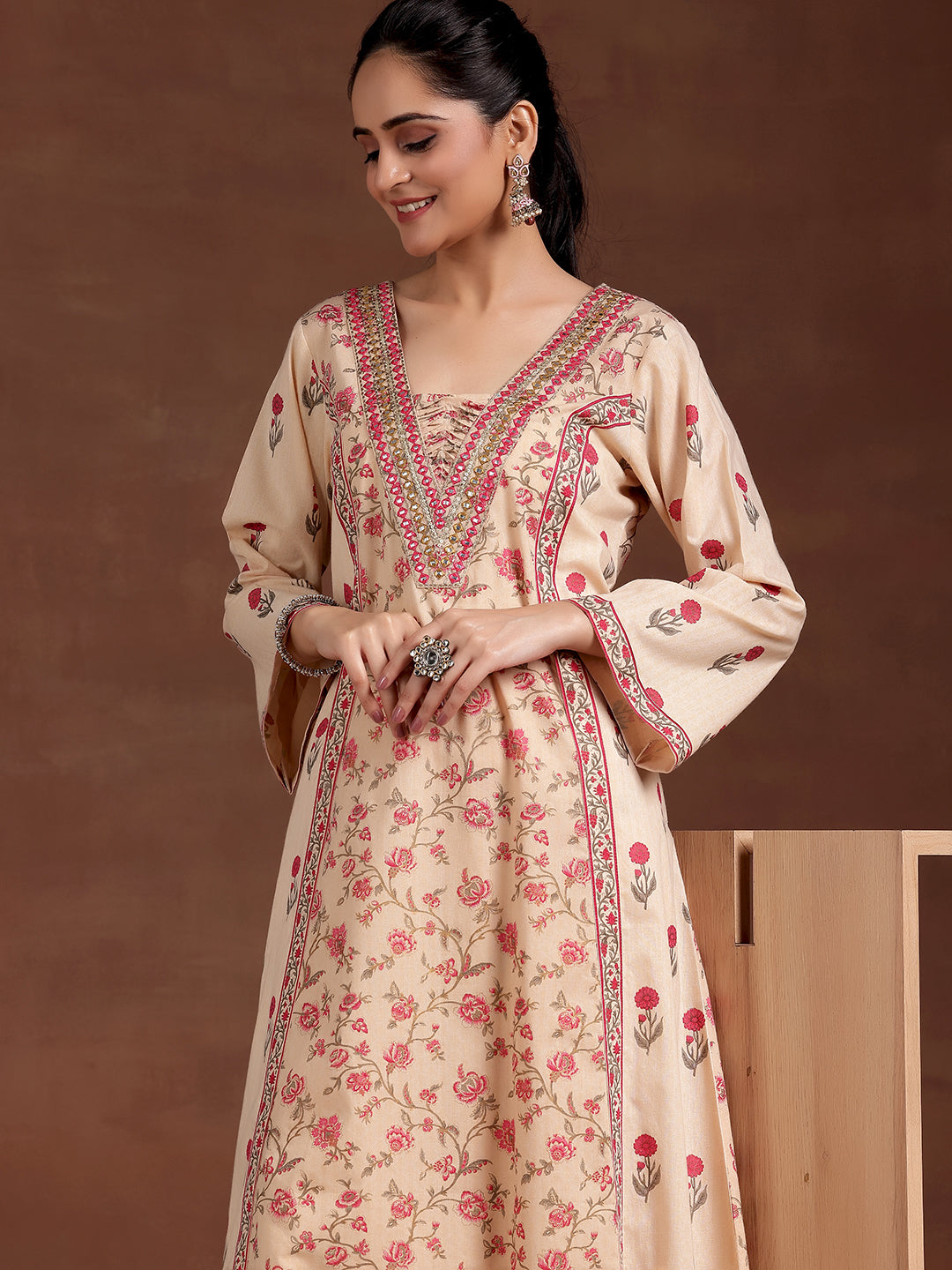 Beige Printed Cotton A-Line Kurta With Palazzos