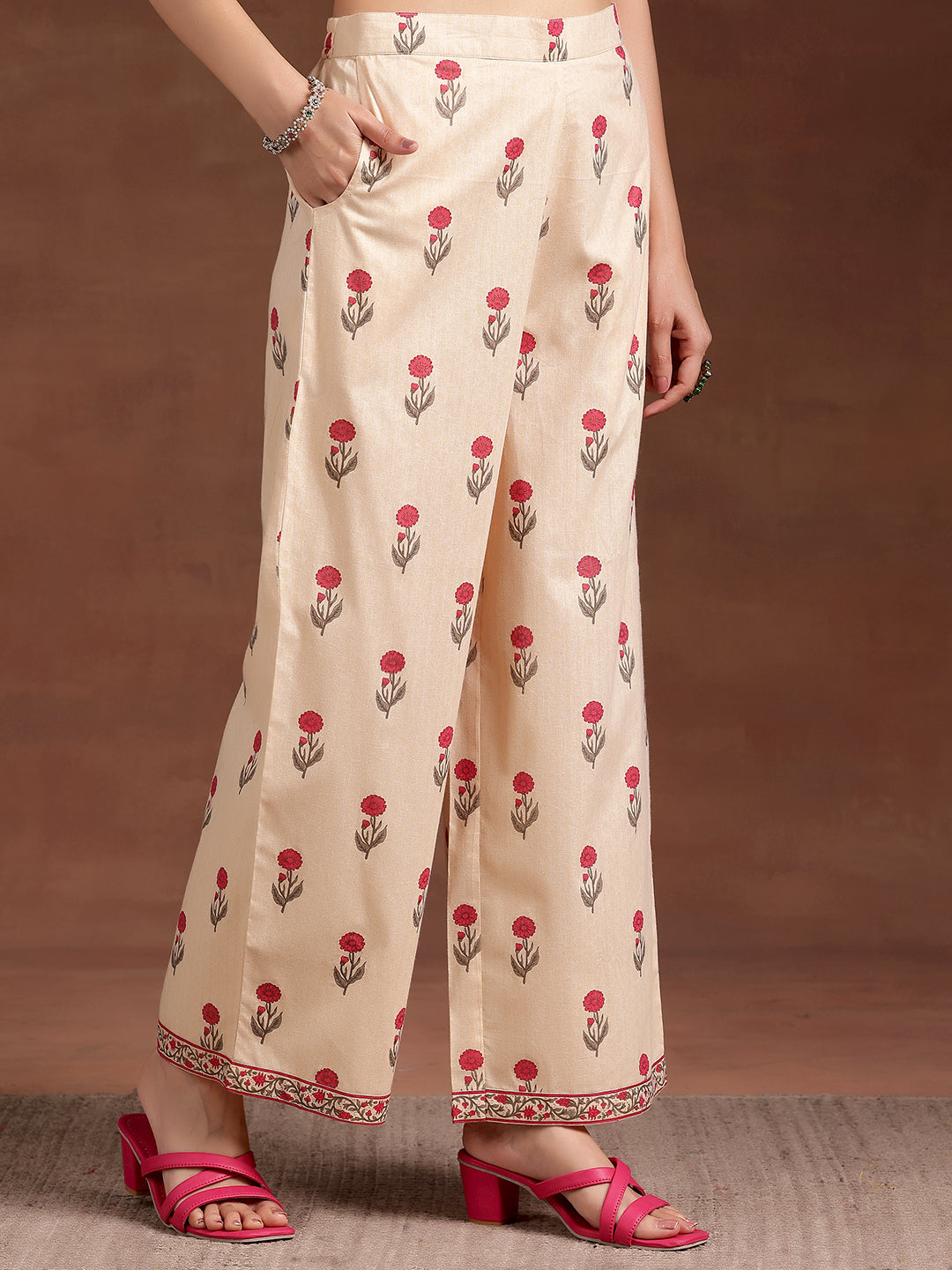 Beige Printed Cotton A-Line Kurta With Palazzos