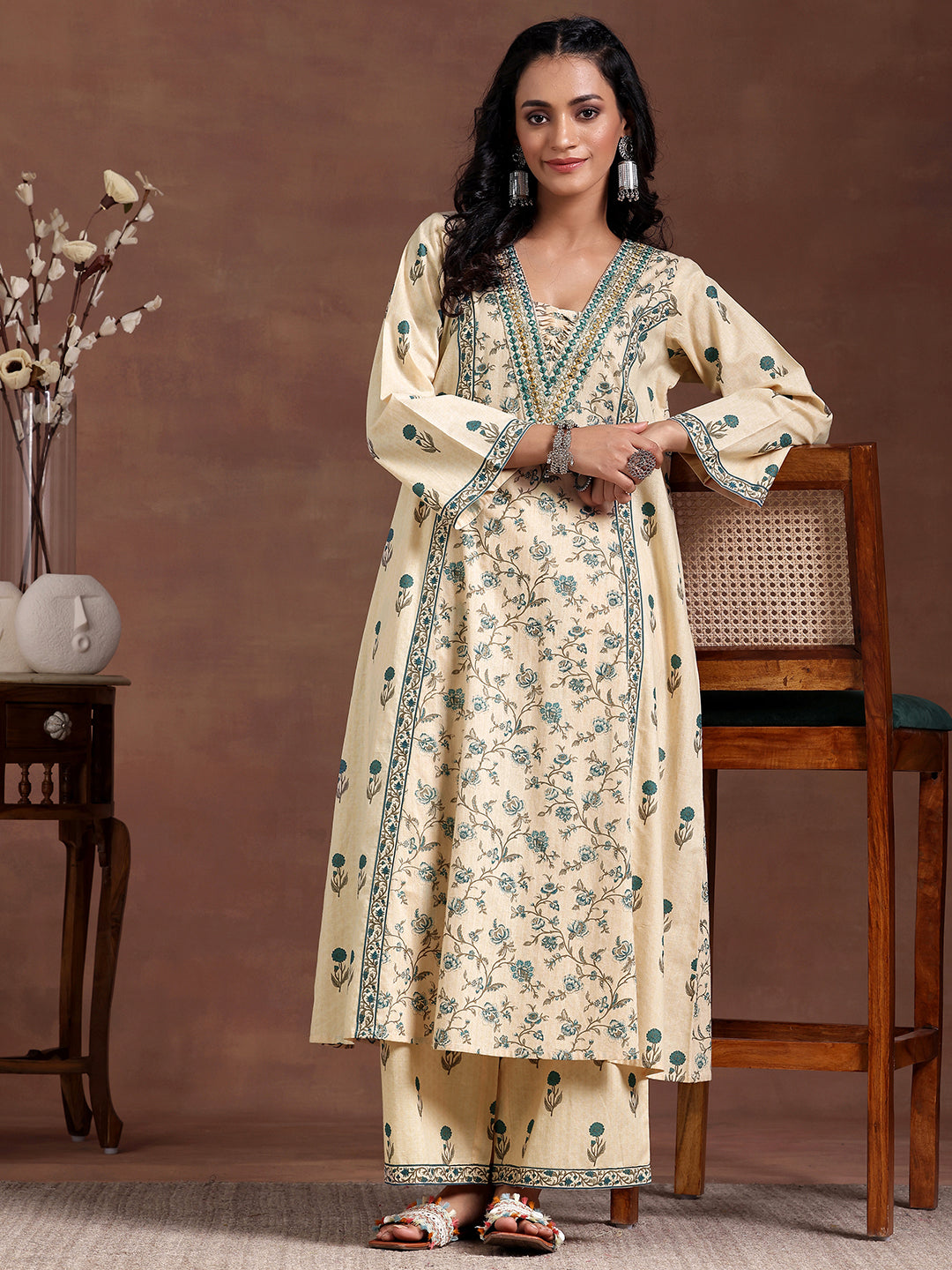 Beige Printed Cotton A-Line Kurta With Palazzos