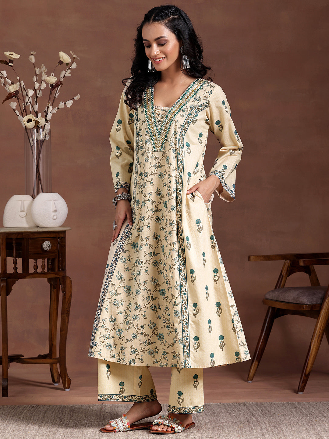 Beige Printed Cotton A-Line Kurta With Palazzos