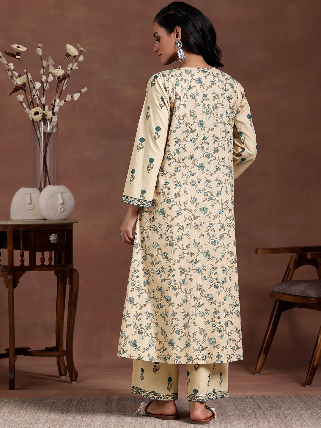 Beige Printed Cotton A-Line Kurta With Palazzos