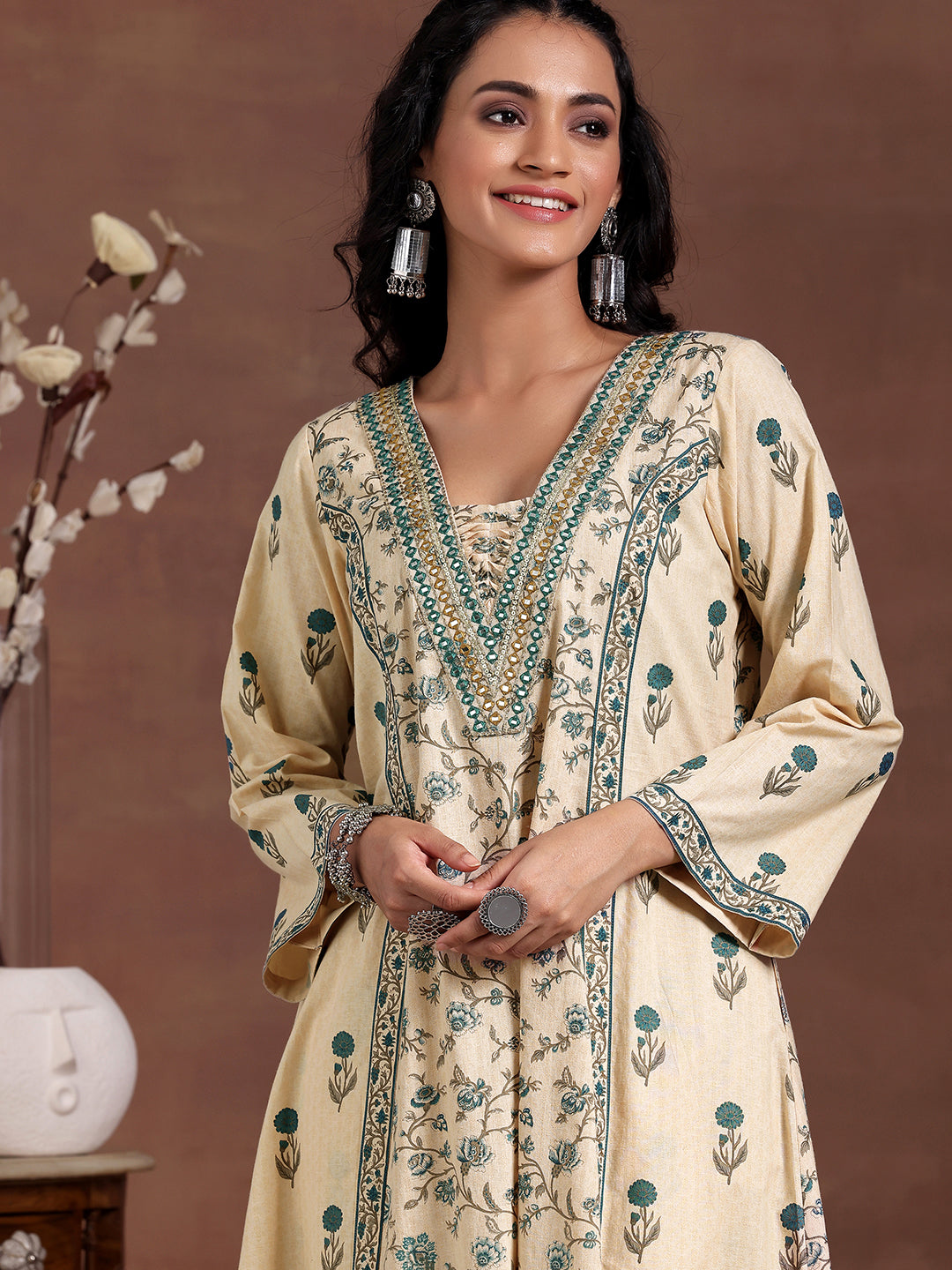 Beige Printed Cotton A-Line Kurta With Palazzos