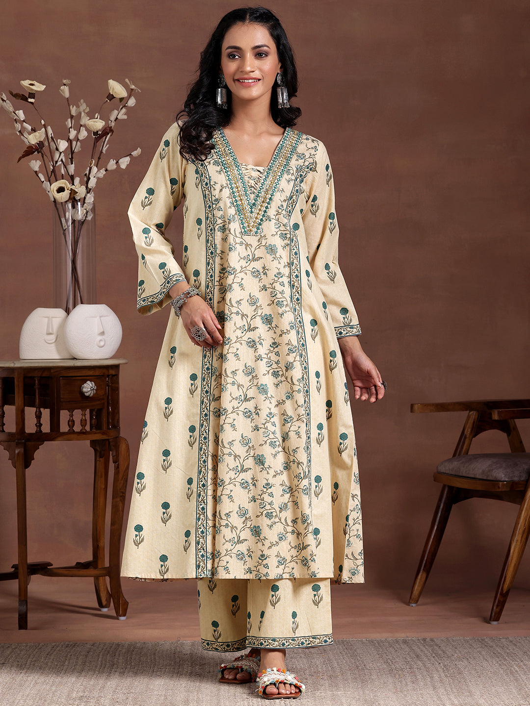 Beige Printed Cotton A-Line Kurta With Palazzos