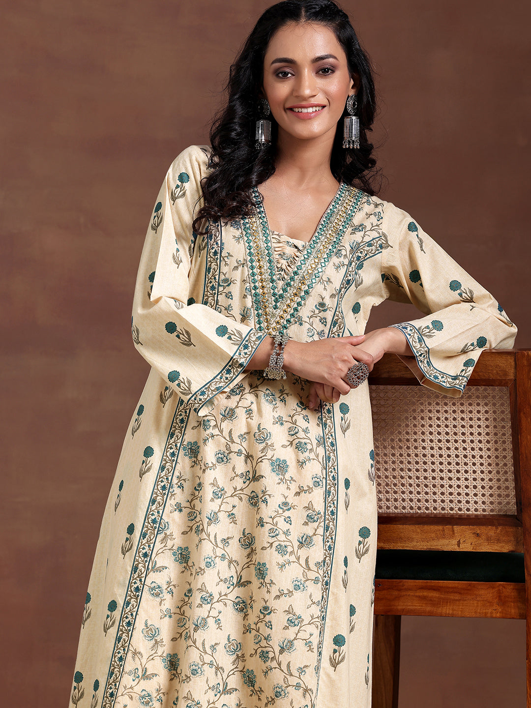 Beige Printed Cotton A-Line Kurta With Palazzos